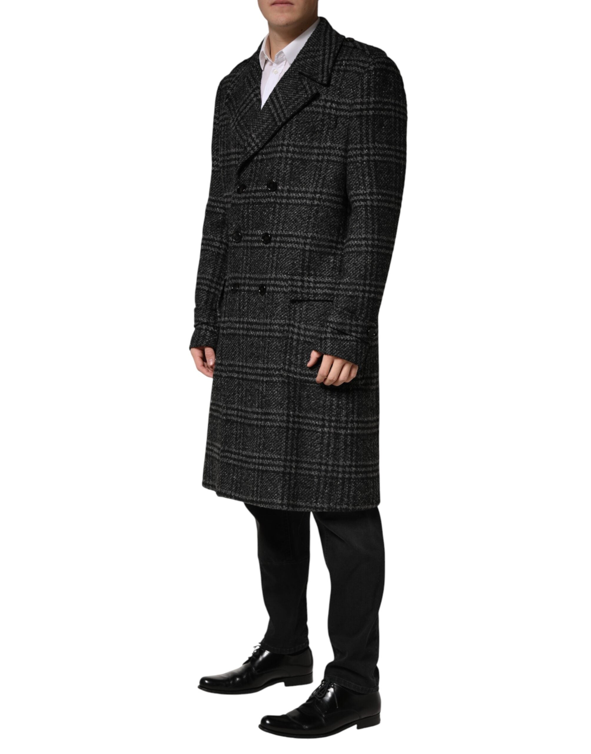 Dolce & Gabbana Grey Double Breasted Plaid Wool Coat Jacket - Luxe Marca