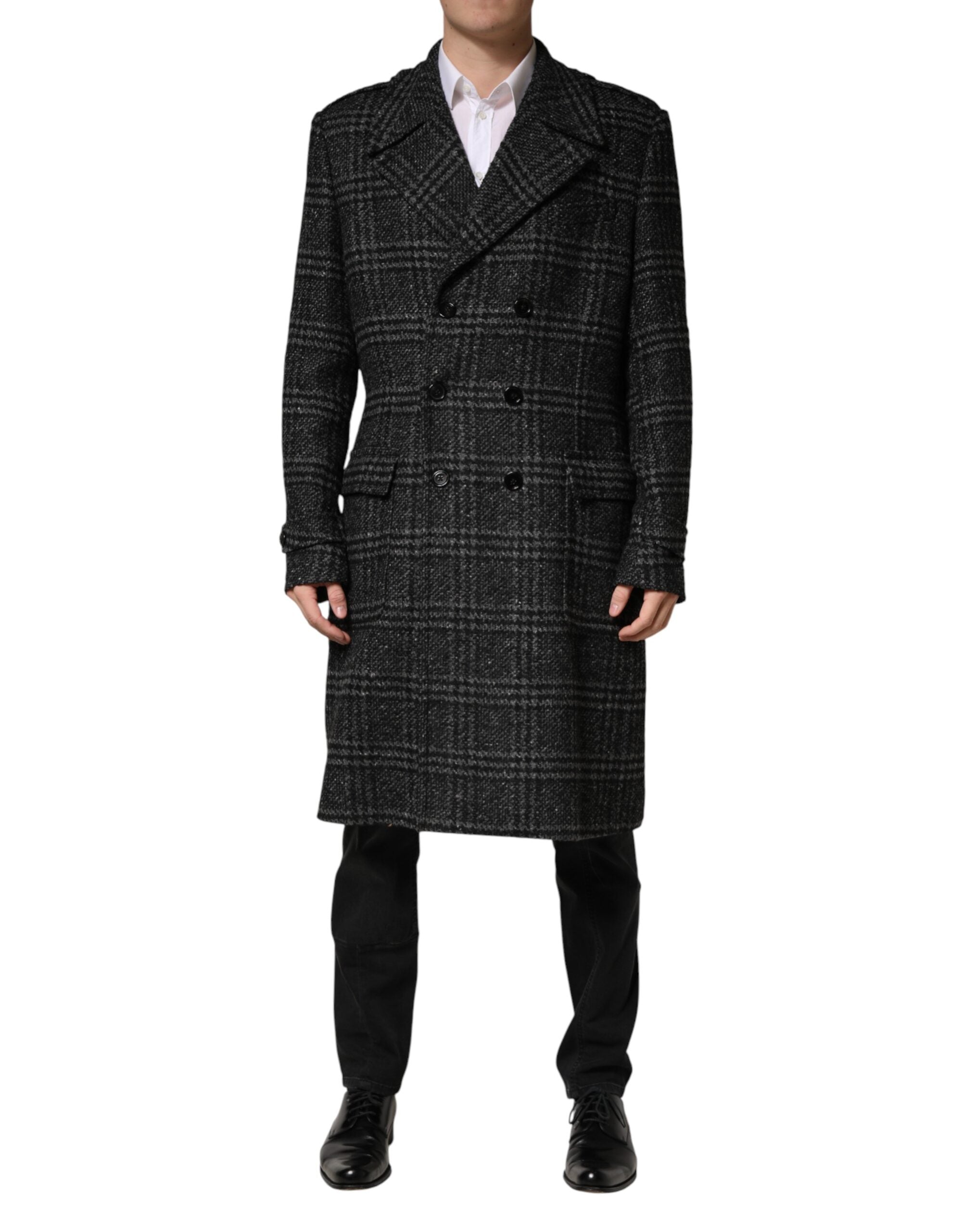 Dolce & Gabbana Grey Double Breasted Plaid Wool Coat Jacket - Luxe Marca