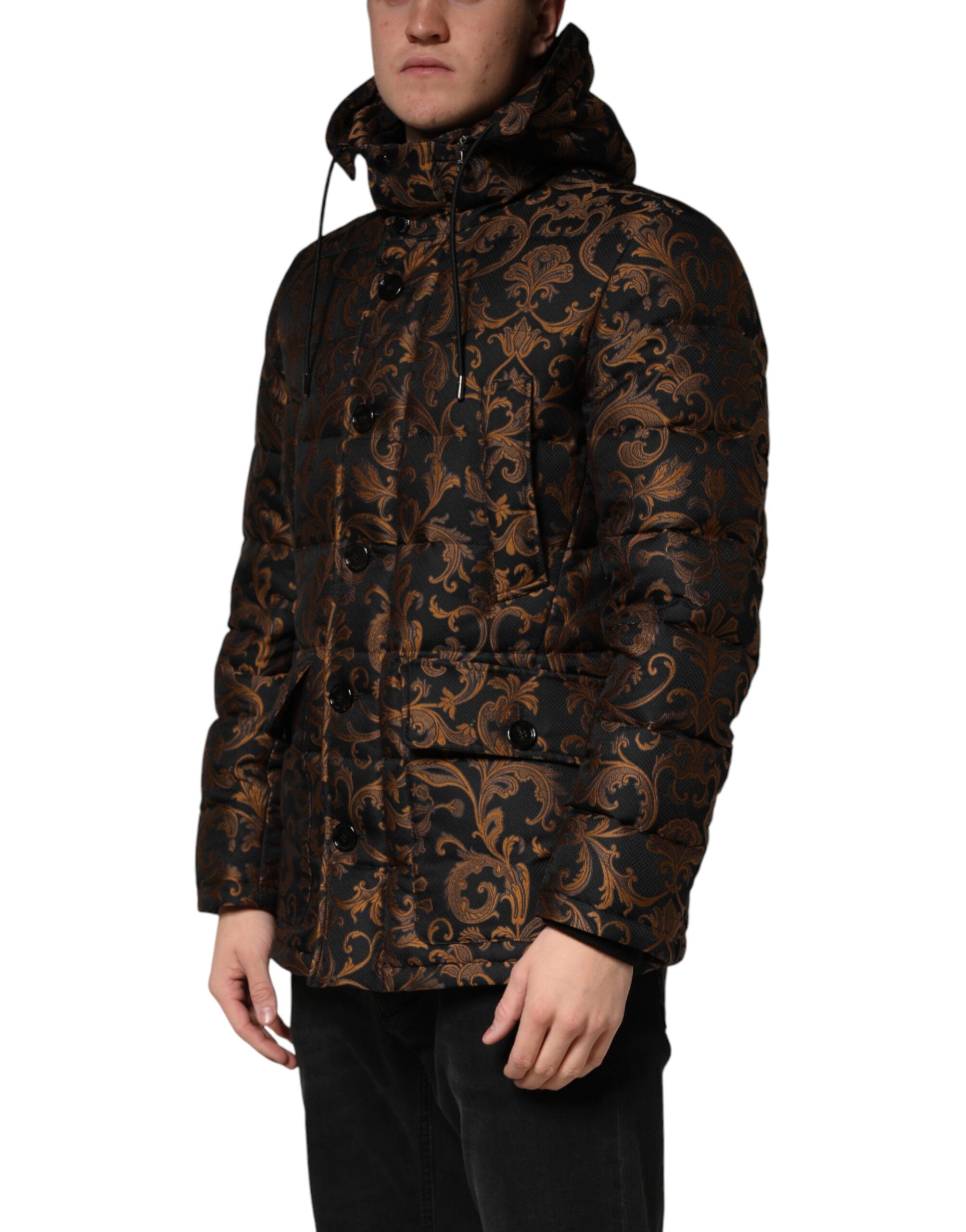 Dolce & Gabbana Black Floral Jacquard Quilted Hooded Jacket - Luxe Marca