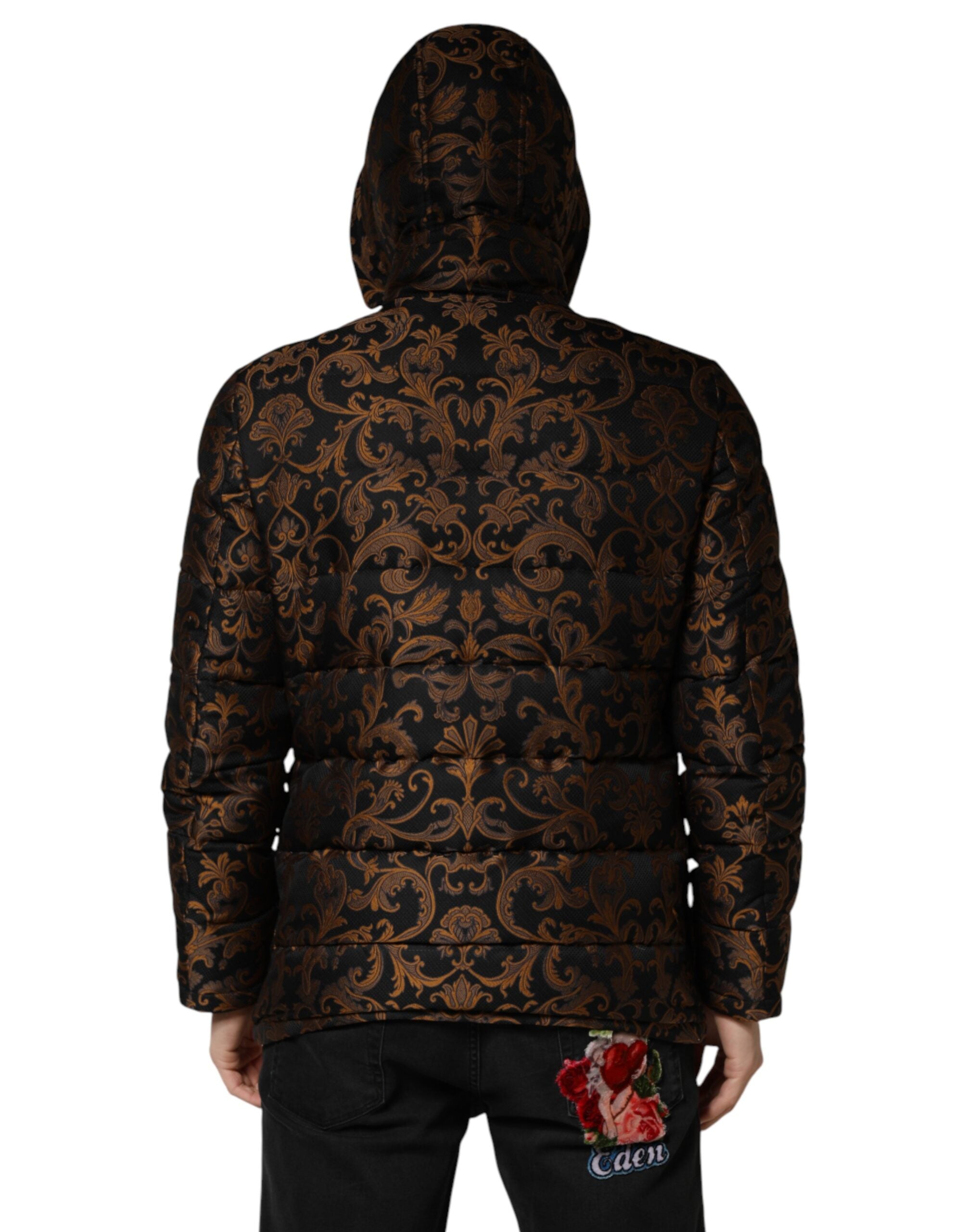 Dolce & Gabbana Black Floral Jacquard Quilted Hooded Jacket - Luxe Marca