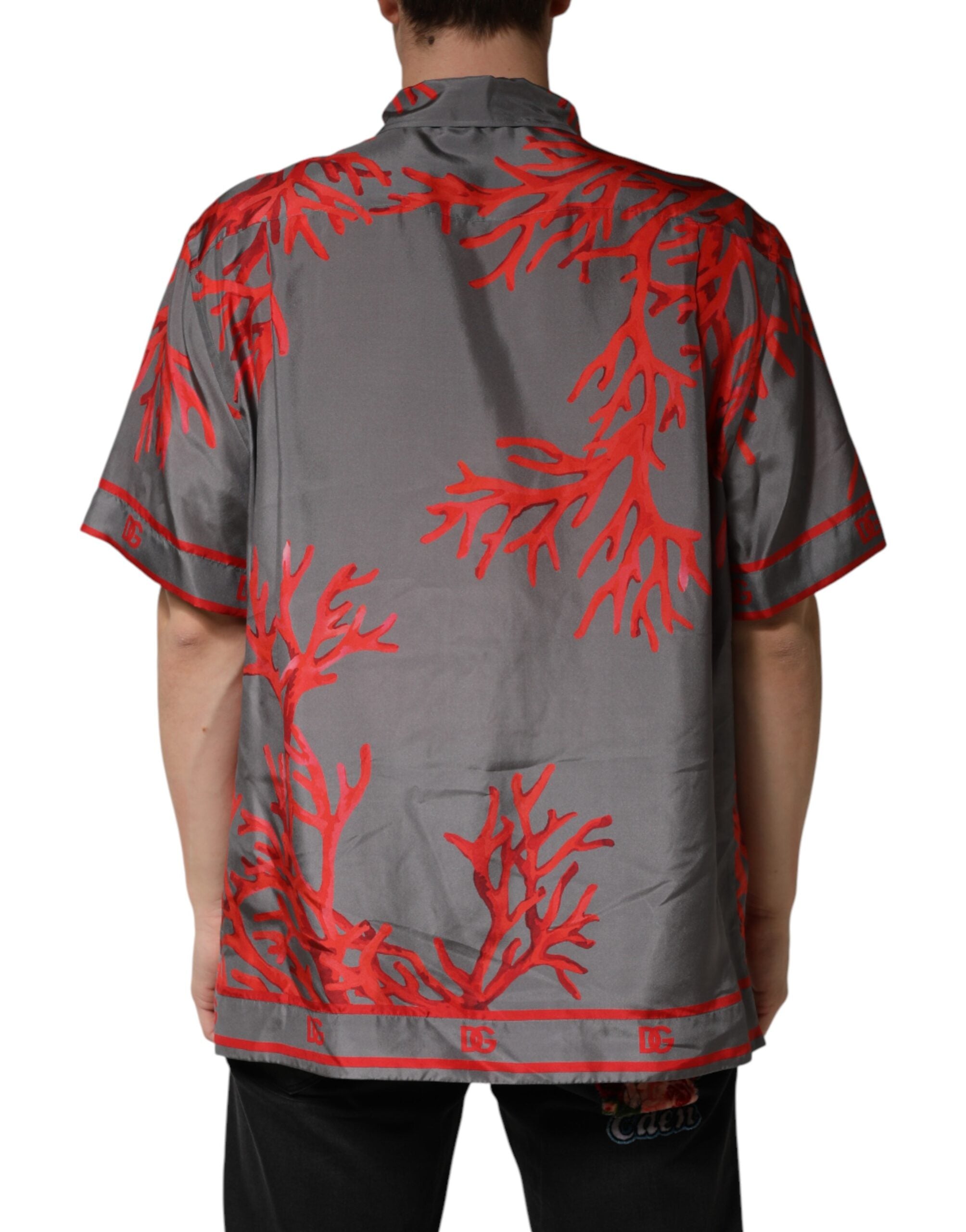 Dolce & Gabbana Gray Red Corals Short Sleeves Casual Shirt - Luxe Marca