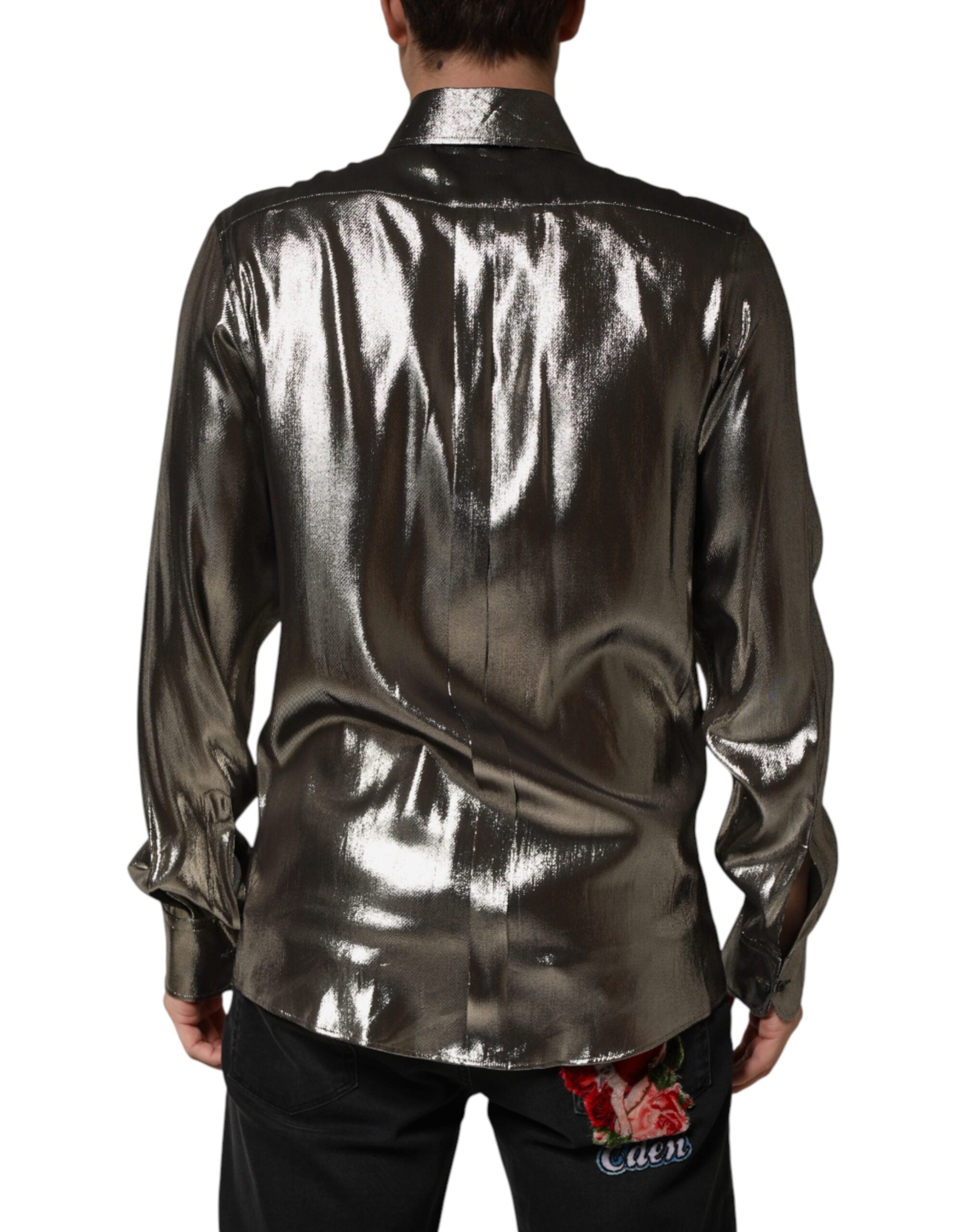 Dolce & Gabbana Silver Silk GOLD Collared Dress Formal Shirt - Luxe Marca