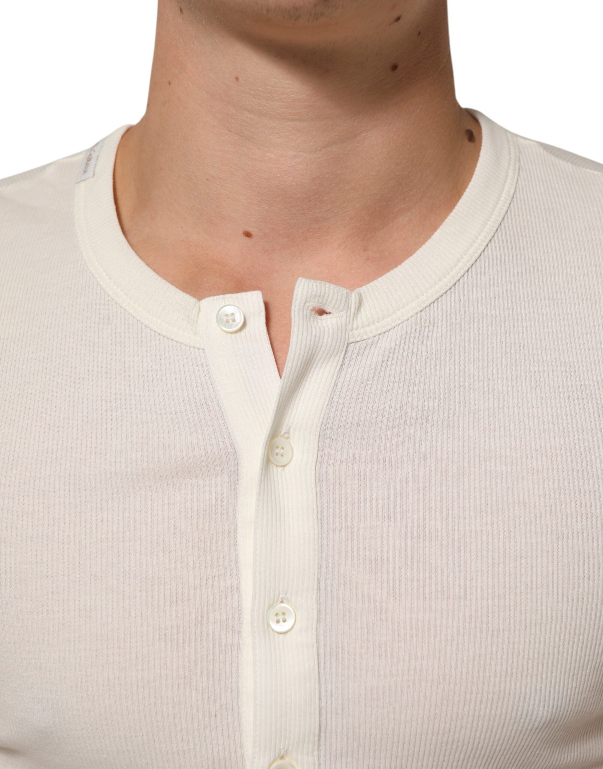 Dolce & Gabbana Off White Cotton Short Sleeve Henley T-shirt - Luxe Marca