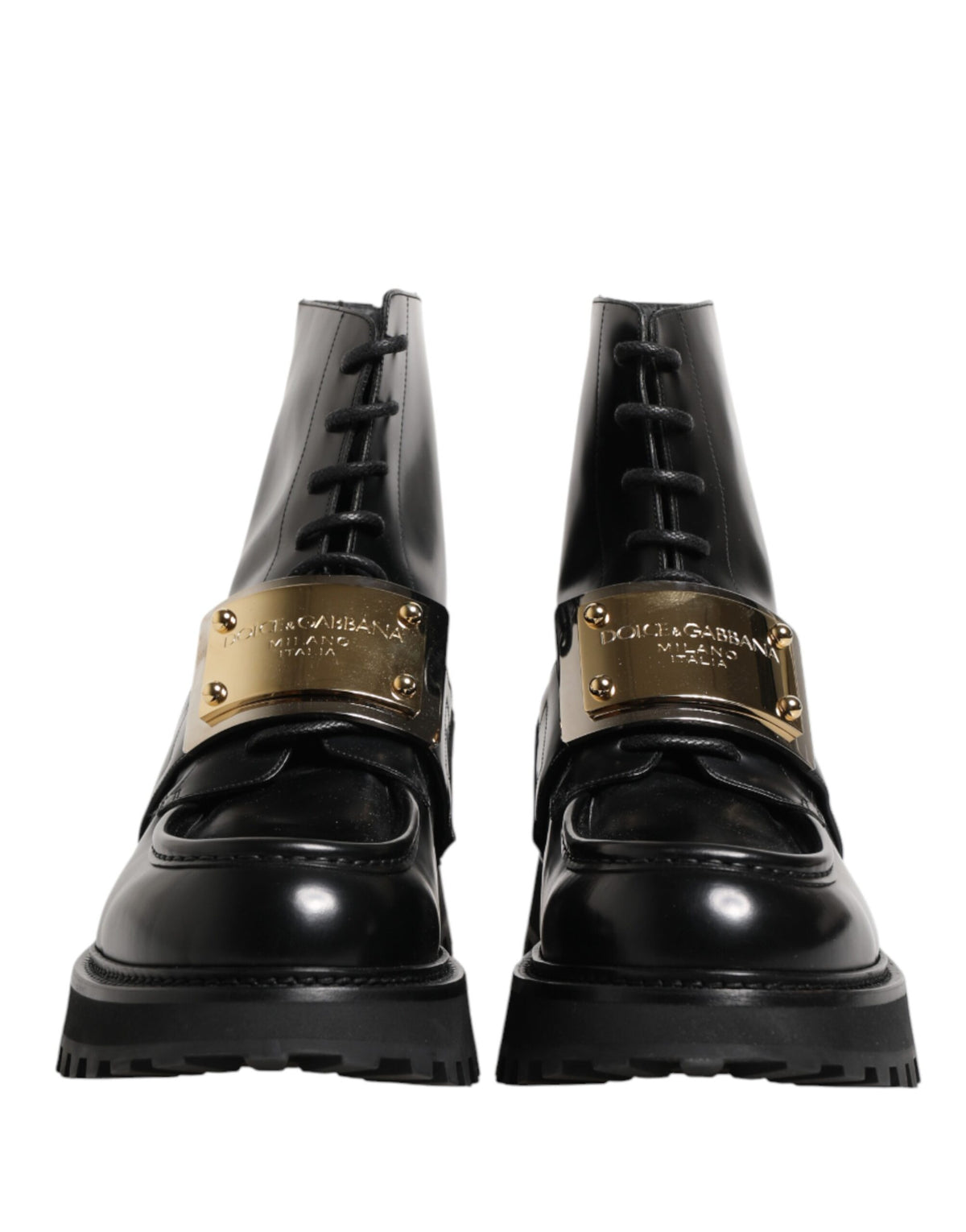 Dolce & Gabbana Black Leather DG Plaque Lace Up Boots Shoes