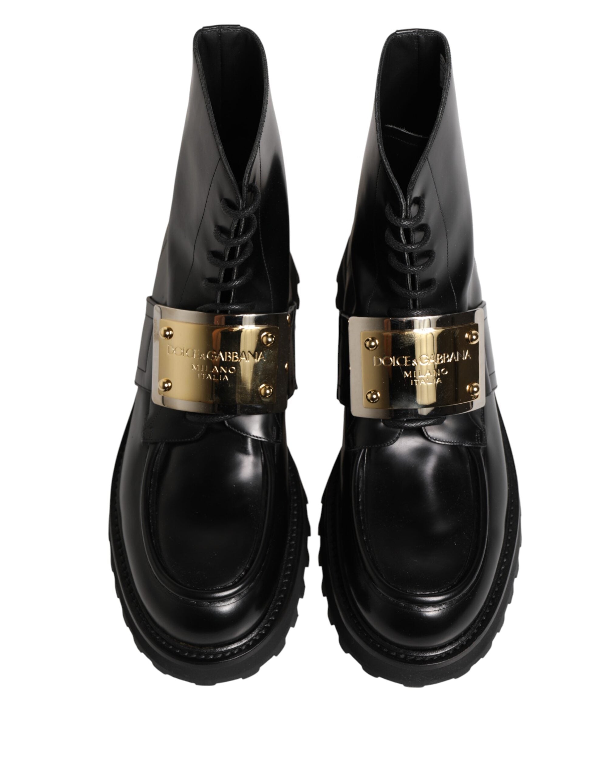 Dolce & Gabbana Black Leather DG Plaque Lace Up Boots Shoes - Luxe Marca