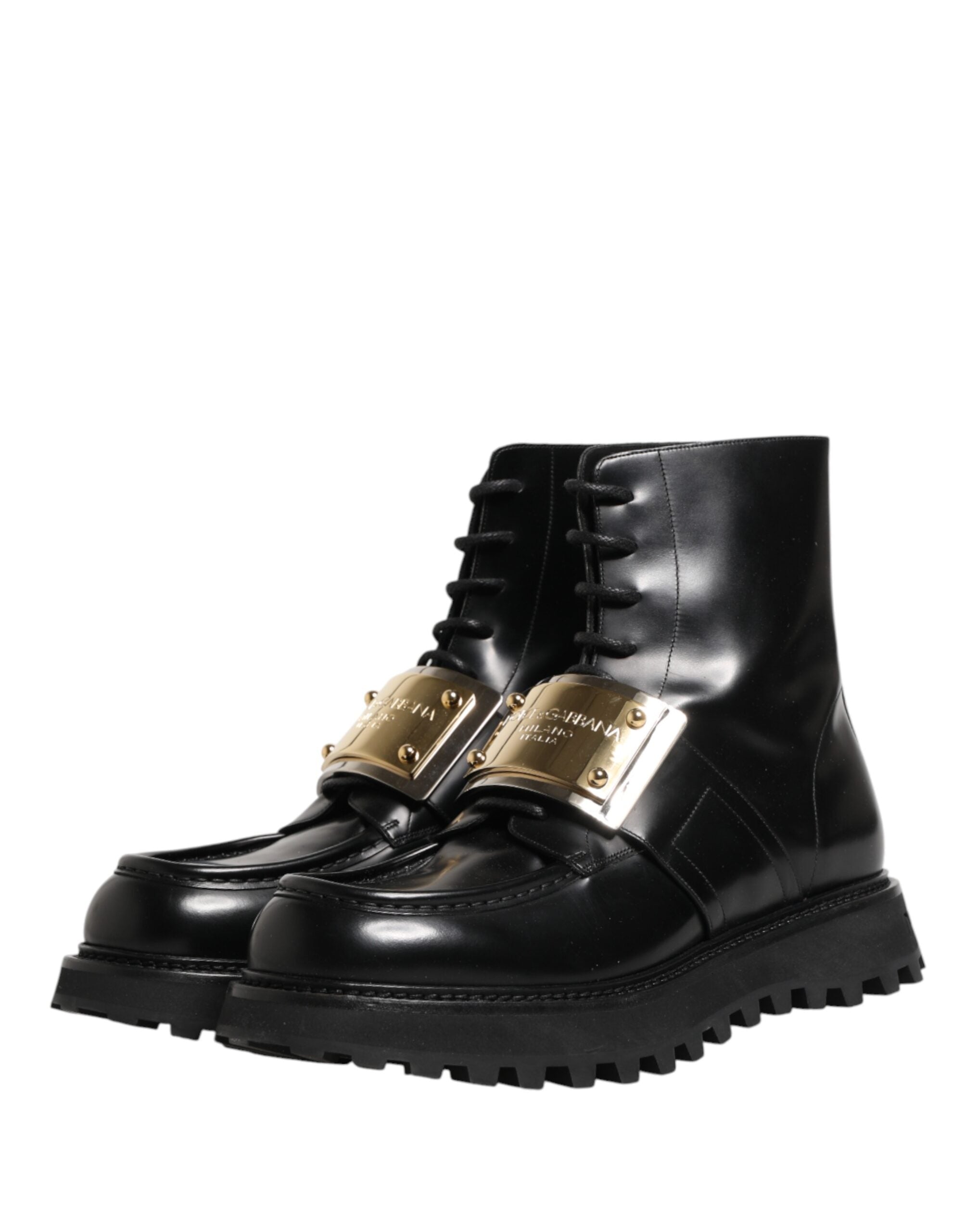Dolce & Gabbana Black Leather DG Plaque Lace Up Boots Shoes - Luxe Marca
