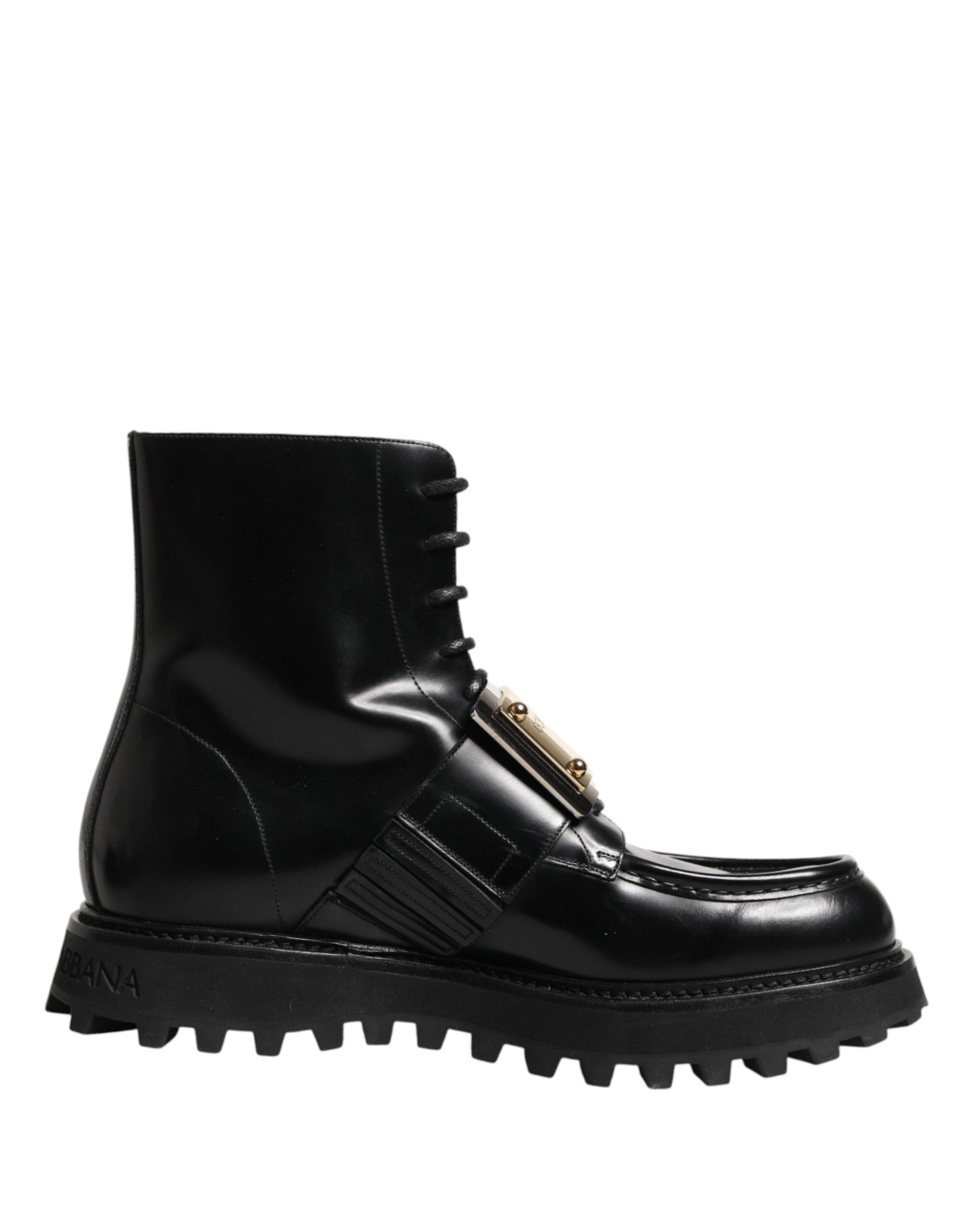 Dolce & Gabbana Black Leather DG Plaque Lace Up Boots Shoes