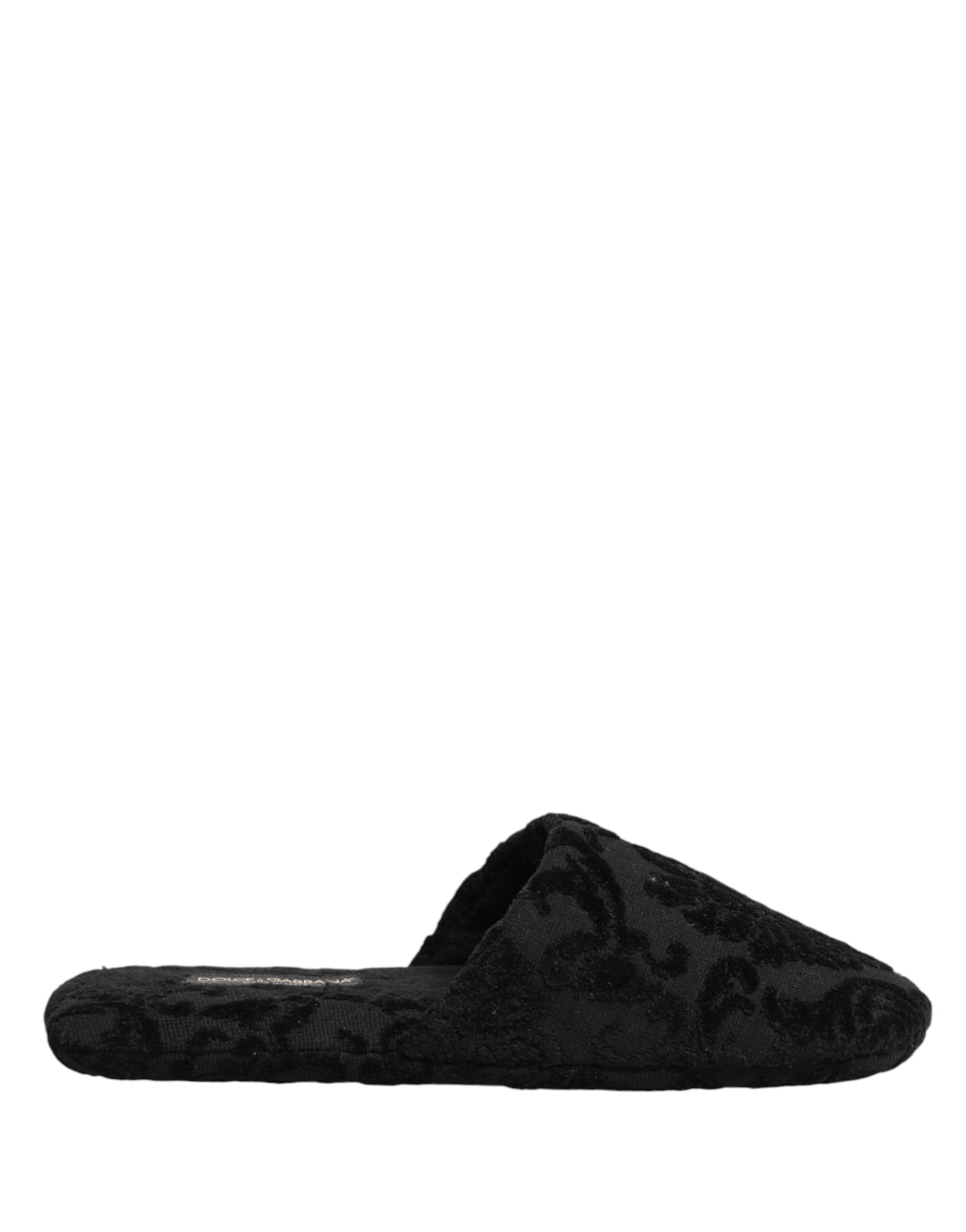 Dolce & Gabbana Black Logo Embroidered Slippers Flats Shoes - Luxe Marca