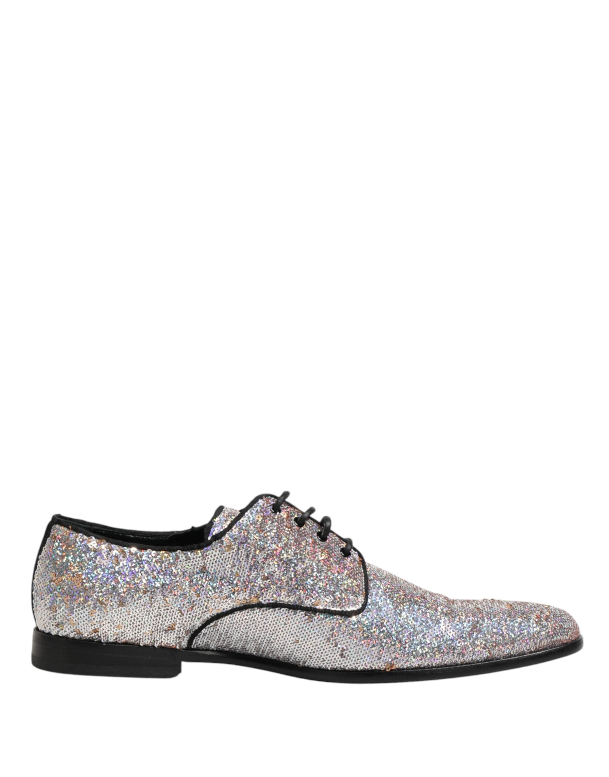 Dolce & Gabbana Silver Sequined Lace Up Men Derby Dress Shoes - Luxe Marca