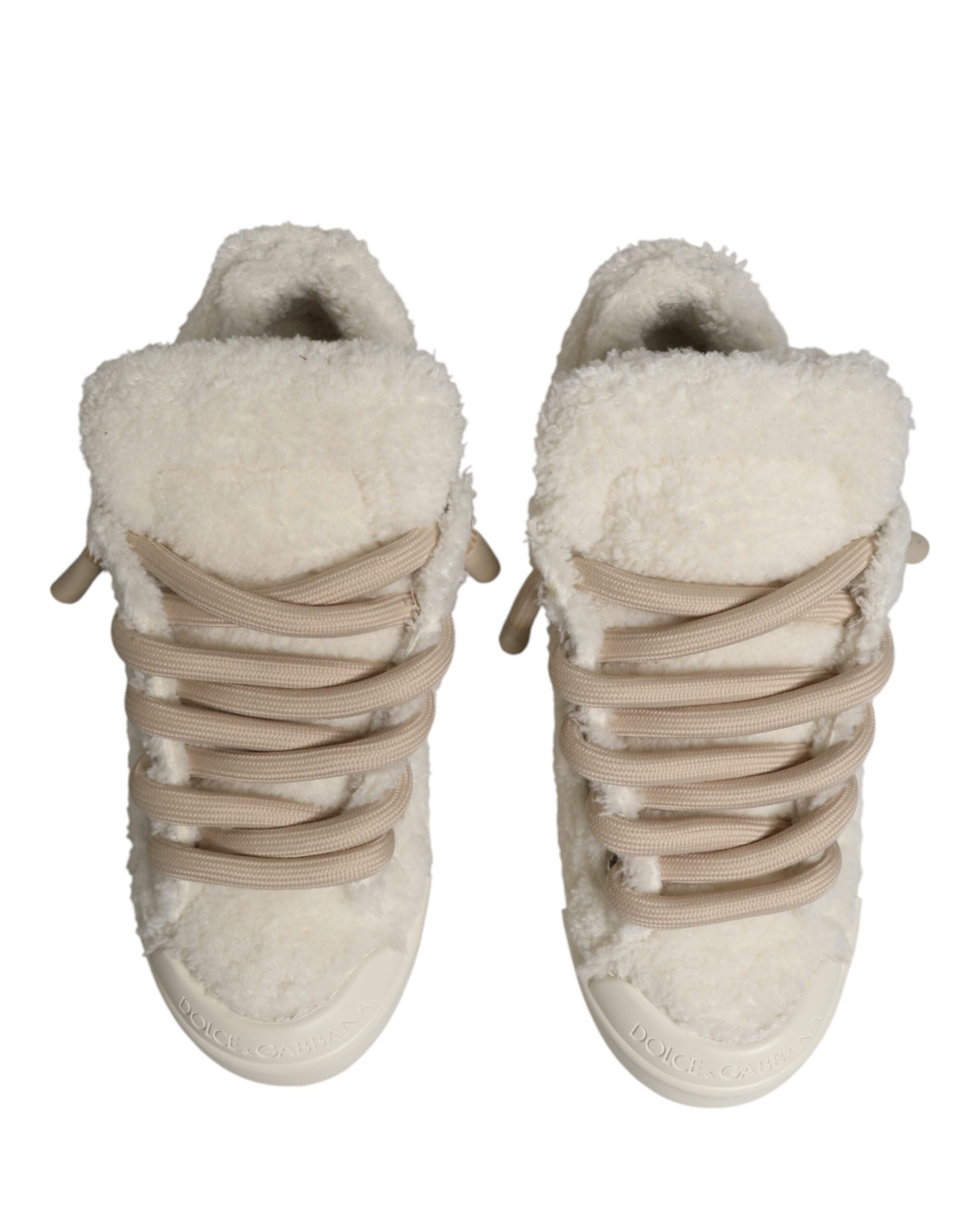 Dolce & Gabbana White Faux Shearling Low Top Sneakers Shoes - Luxe Marca
