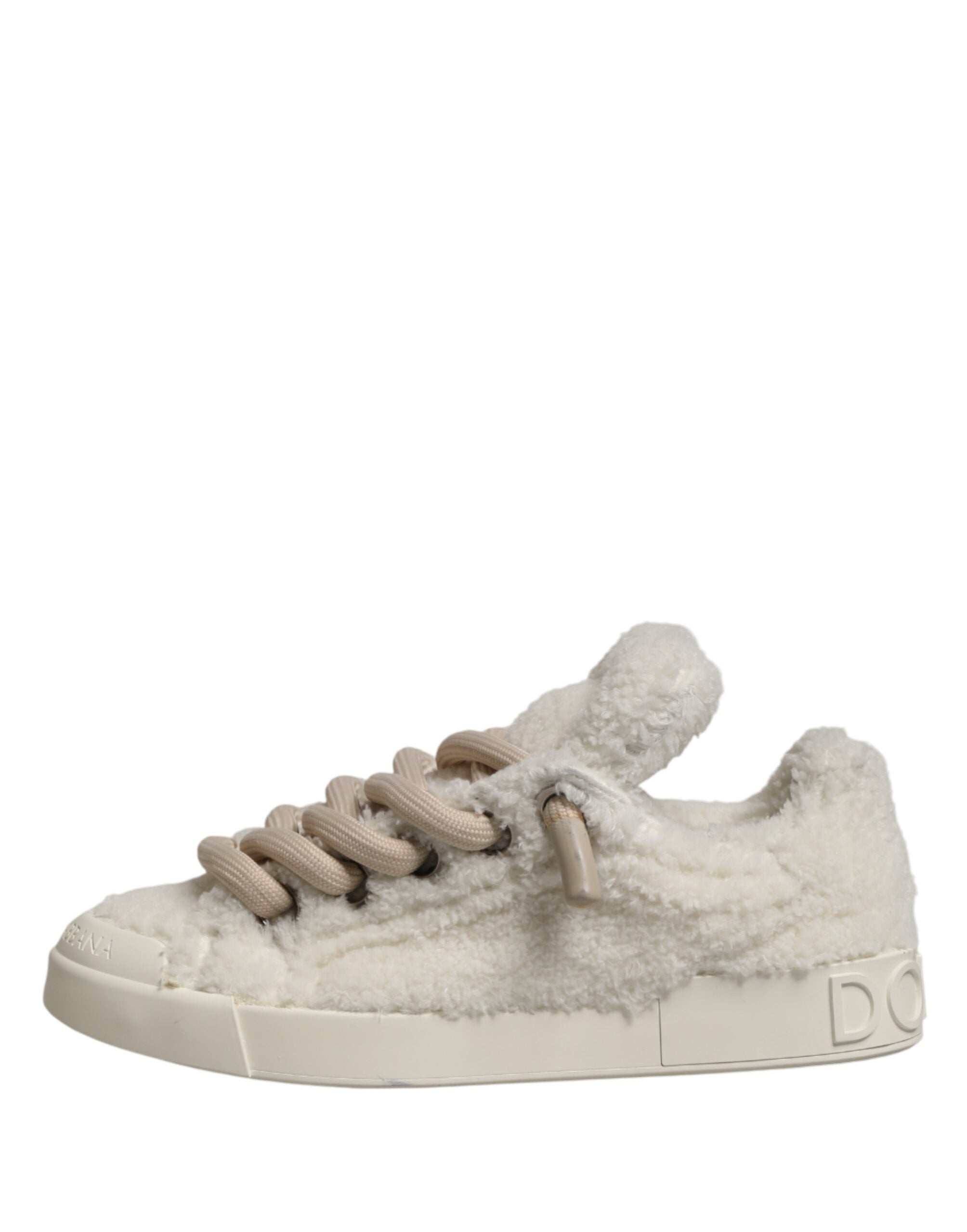 Dolce & Gabbana White Faux Shearling Low Top Sneakers Shoes - Luxe Marca