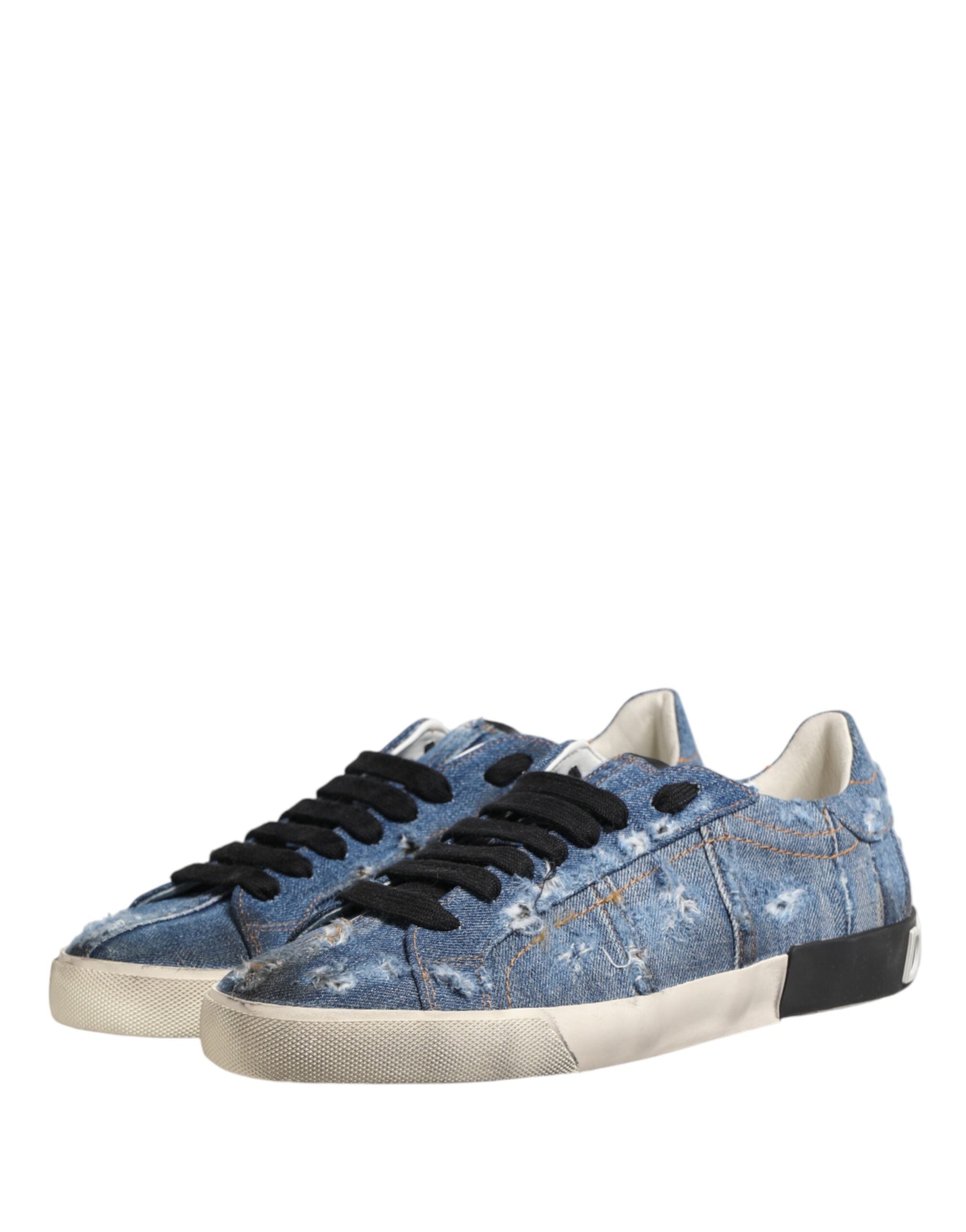 Dolce & Gabbana Blue Distressed Denim Low Top Sneakers Shoes - Luxe Marca