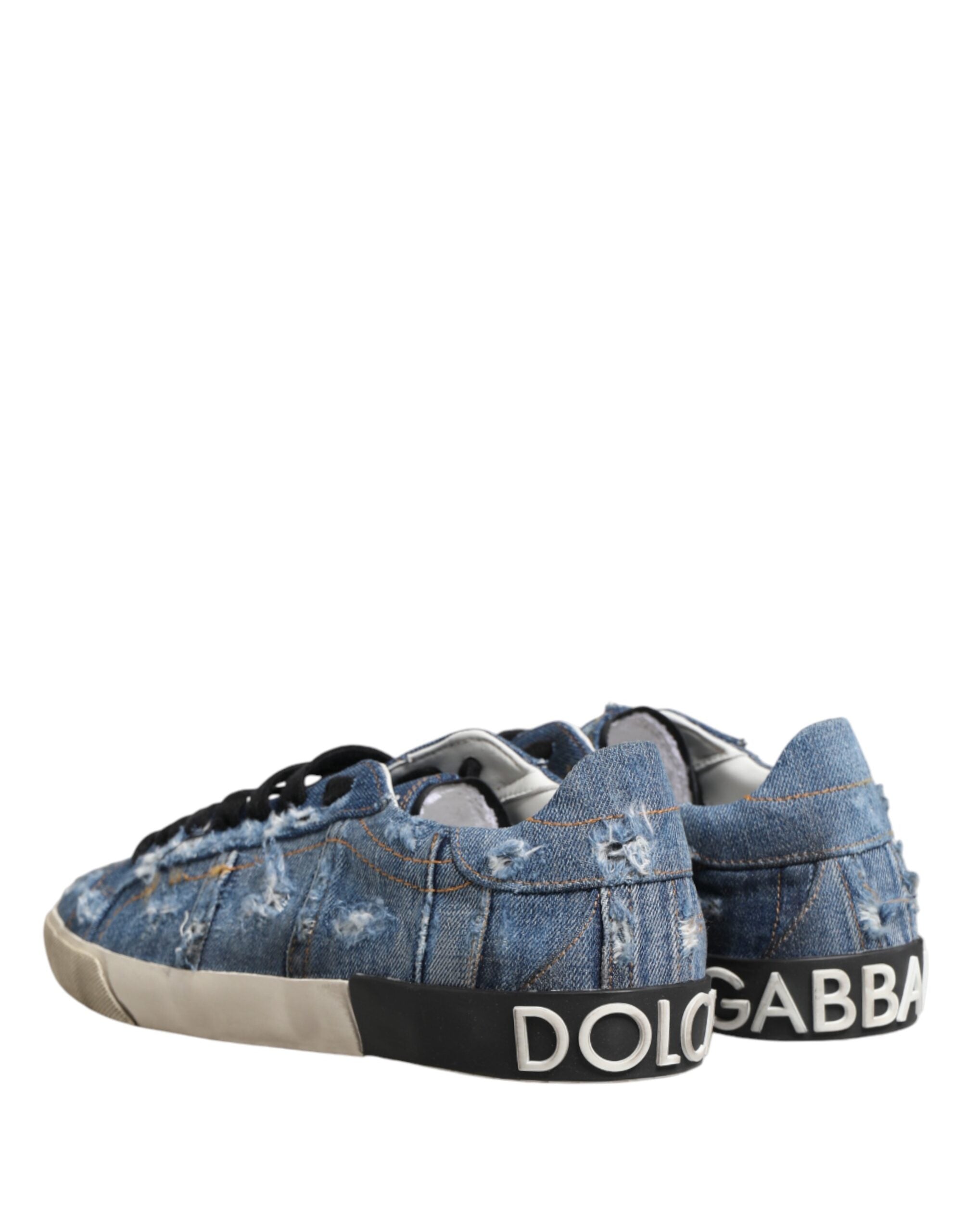 Dolce & Gabbana Blue Distressed Denim Low Top Sneakers Shoes - Luxe Marca