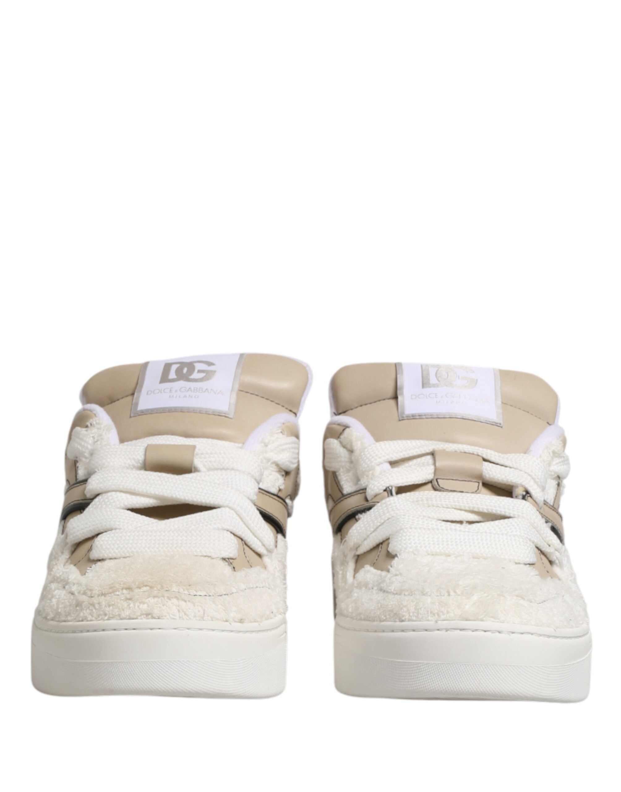 Dolce & Gabbana White Beige Faux Shearling Low Top Sneakers Shoes - Luxe Marca