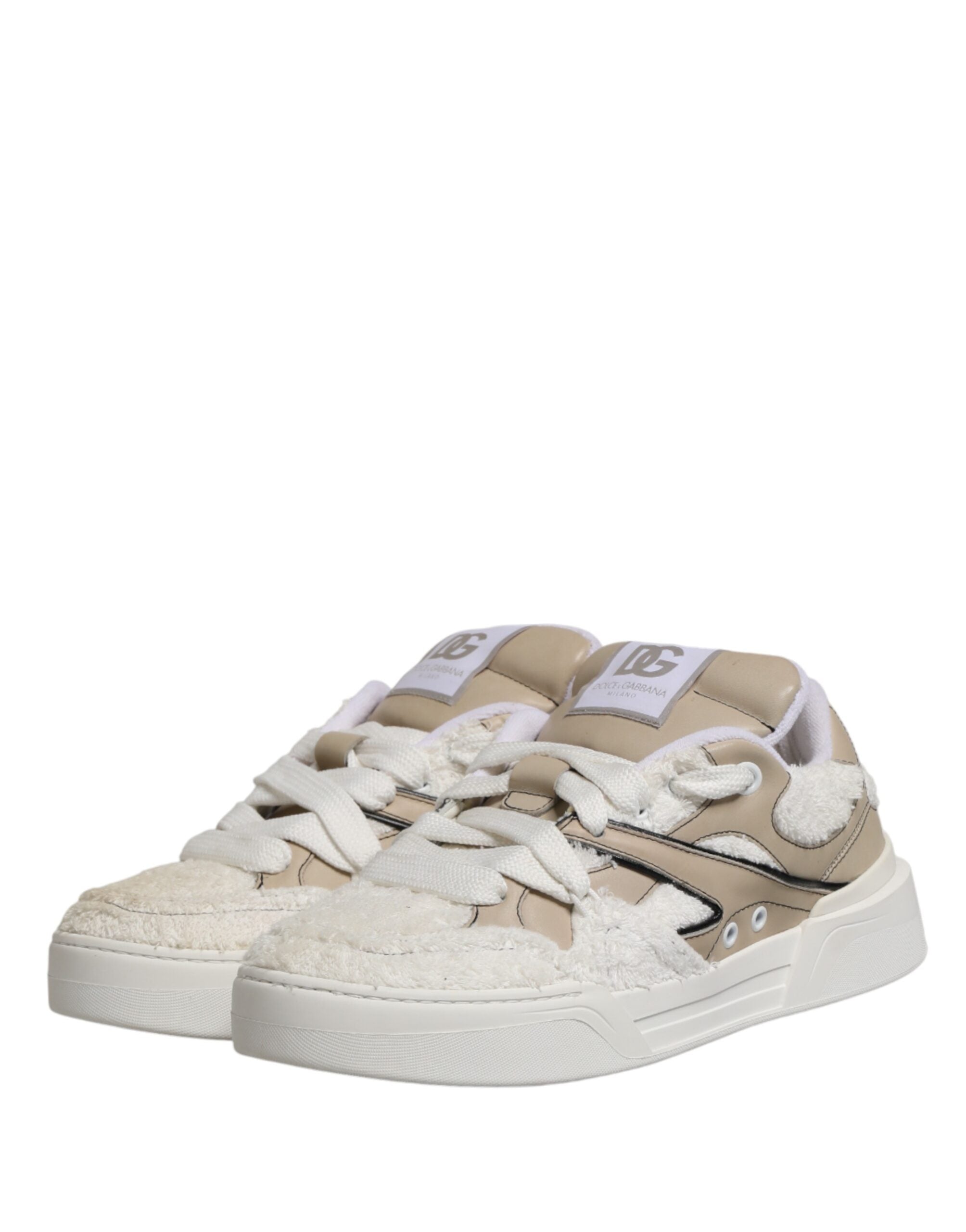 Dolce & Gabbana White Beige Faux Shearling Low Top Sneakers Shoes - Luxe Marca