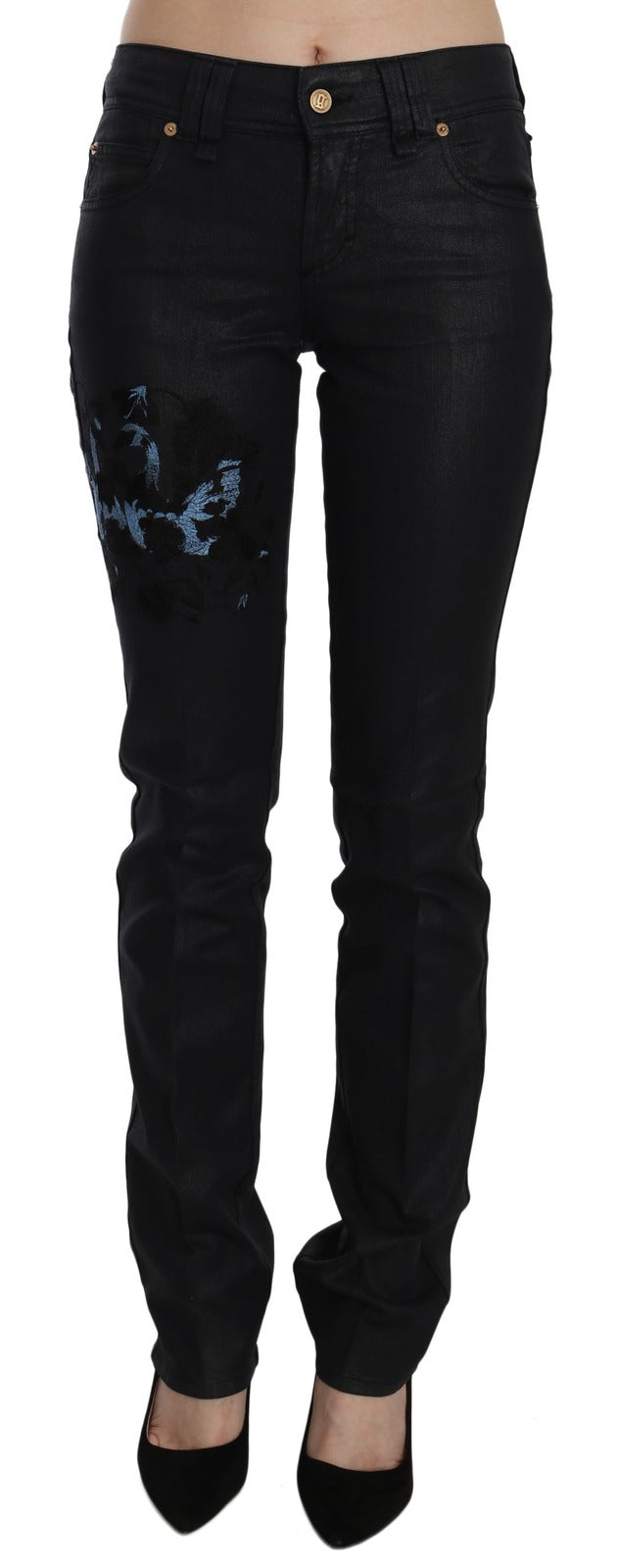 John Galliano Black Swan Floral Embroidered Mid Waist Skinny Denim Jeans - Luxe Marca