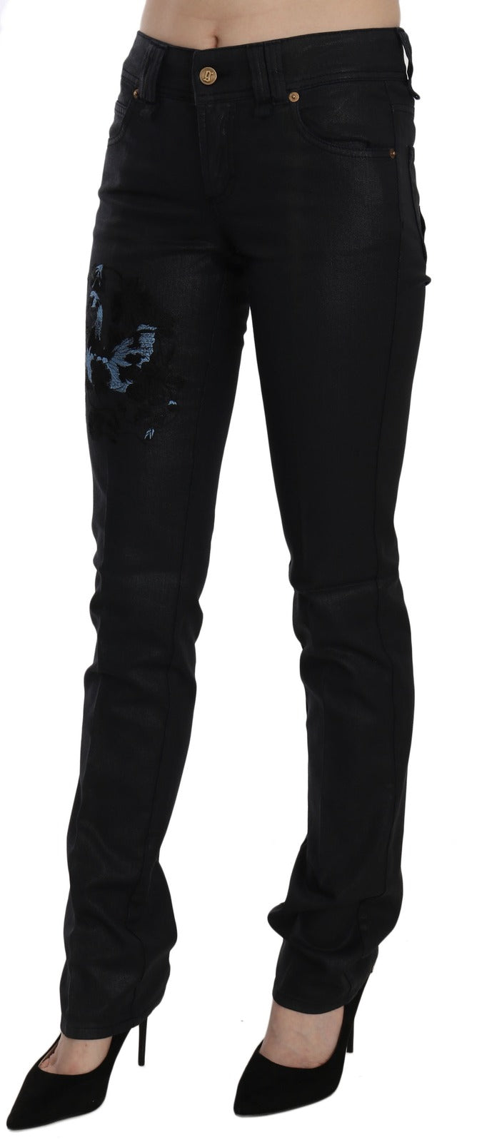 John Galliano Black Swan Floral Embroidered Mid Waist Skinny Denim Jeans - Luxe Marca
