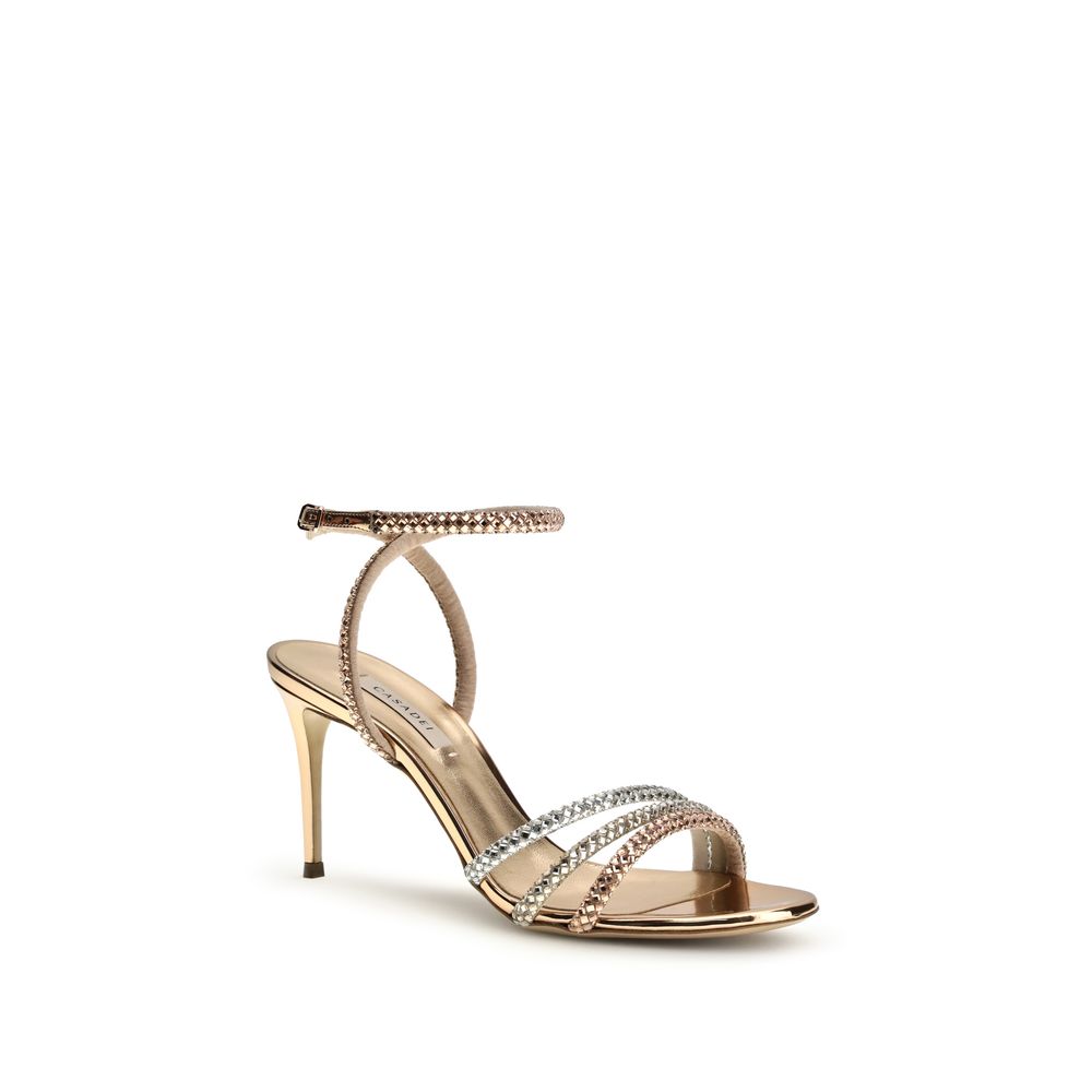 Casadei Gold Calf Leather Bos Taurus Stiletto Heel Sandals