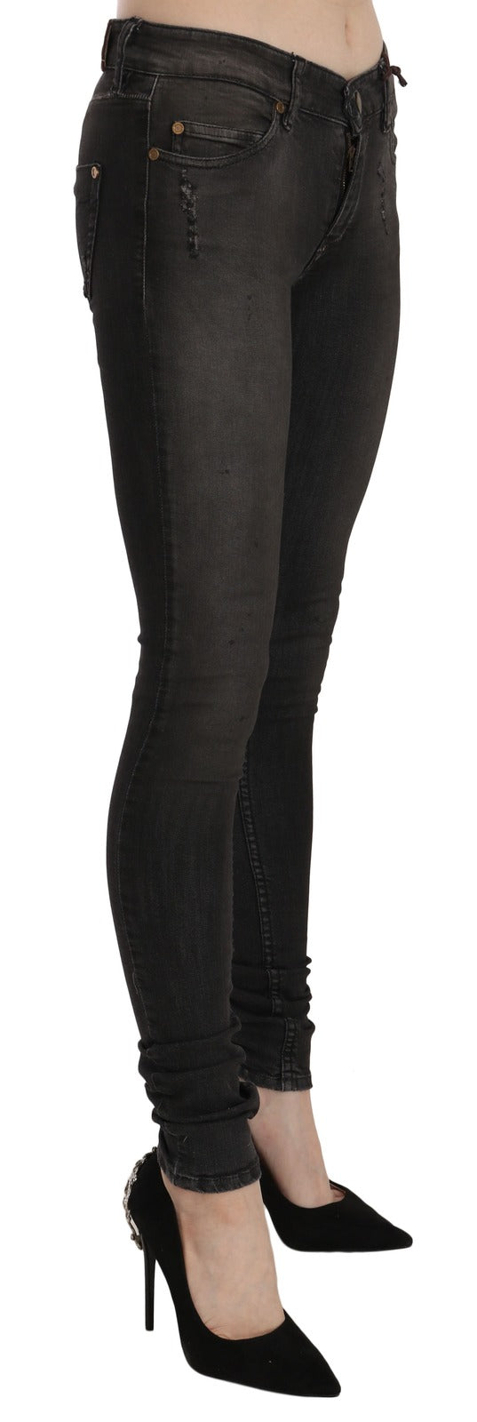 PLEIN SUD Cotton Black Washed Low Waist Skinny Denim Jeans - Luxe Marca