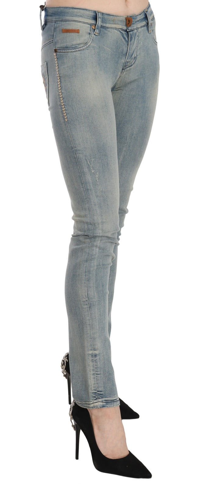 PLEIN SUD Light Blue Washed Mid Waist Skinny Denim Jeans - Luxe Marca