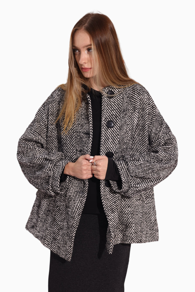 Siste’s Torn Coat – Black & White Oversized Herringbone Jacket