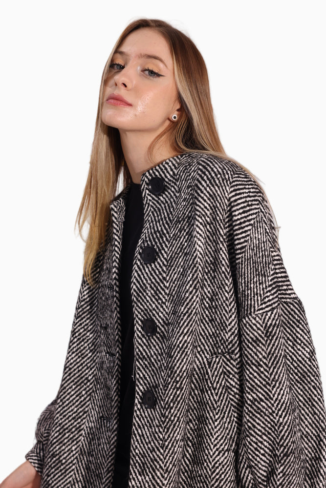 Siste’s Torn Coat – Black & White Oversized Herringbone Jacket