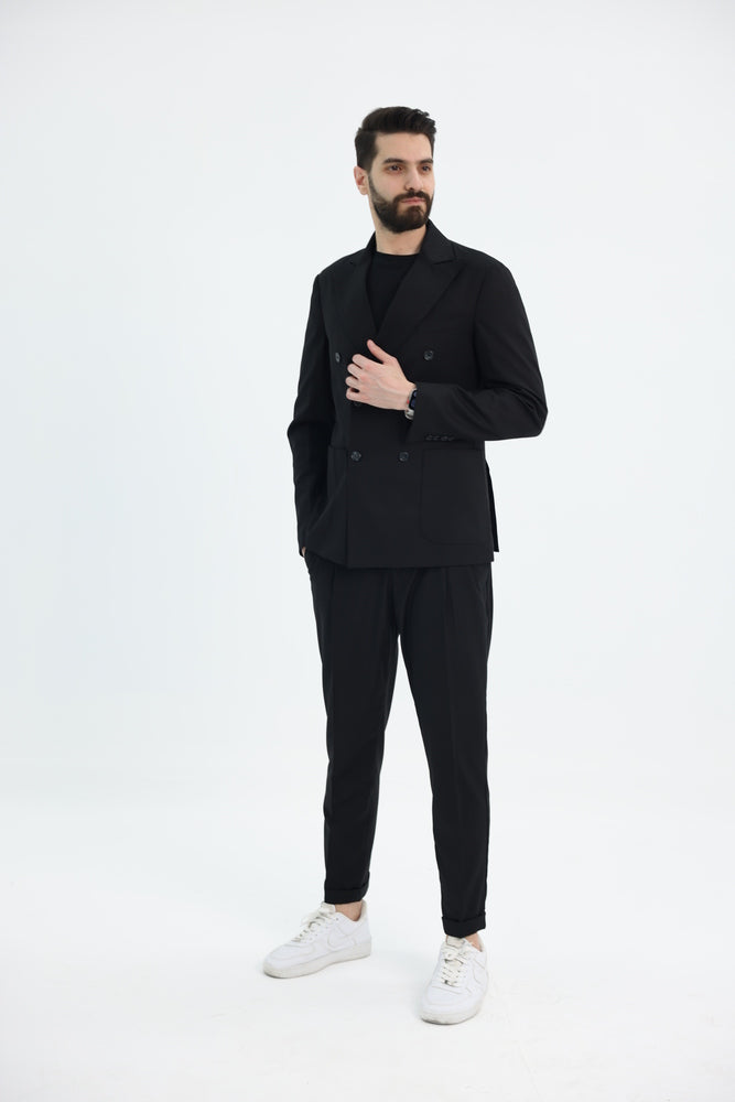 Tela N black men’s suit model wearing blazer full view
