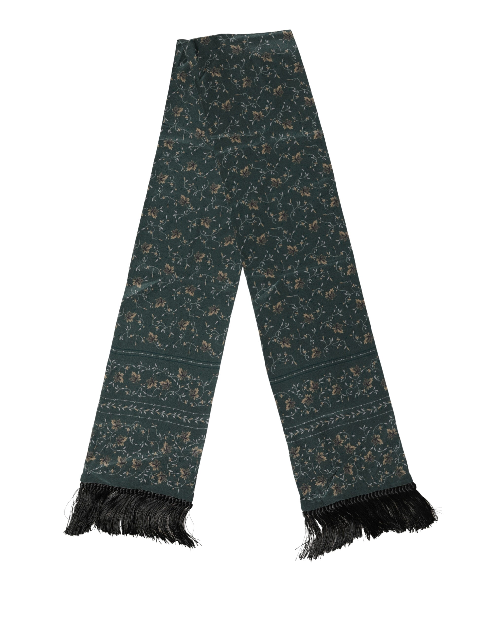 Dolce & Gabbana Green Silk Floral Pattern Fringed 135cm X 16cm Scarf - Luxe Marca