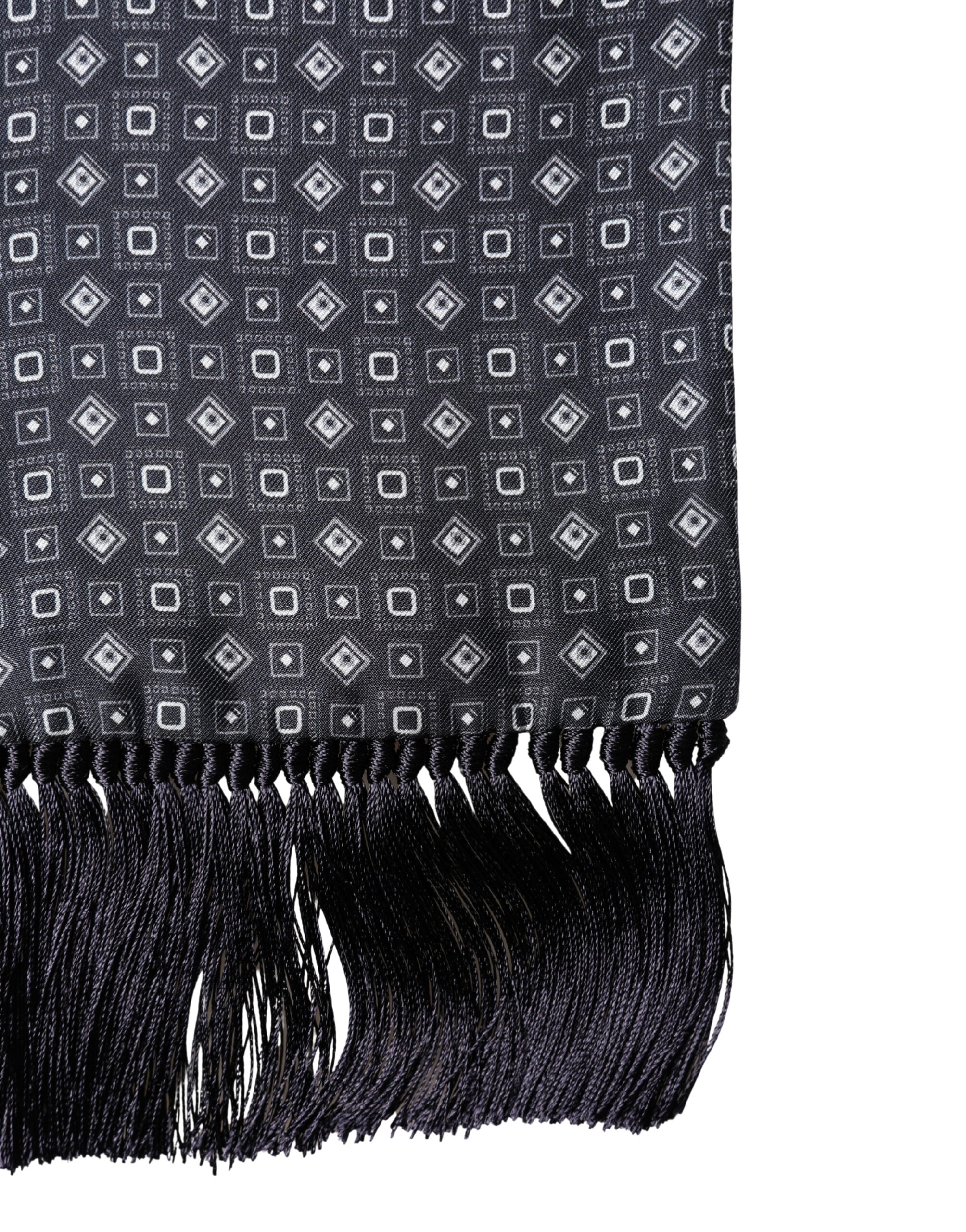 Dolce & Gabbana Black Silk Geometric Fringe Wrap Foulard 136cm X 15cm Scarf - Luxe Marca