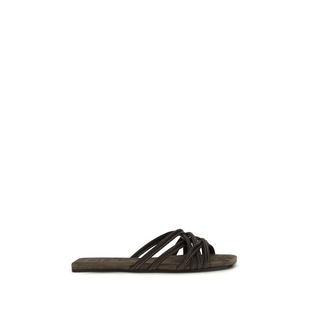 Brunello Cucinelli Brown Calf Leather Bos Taurus Flat Sandals - Luxe Marca