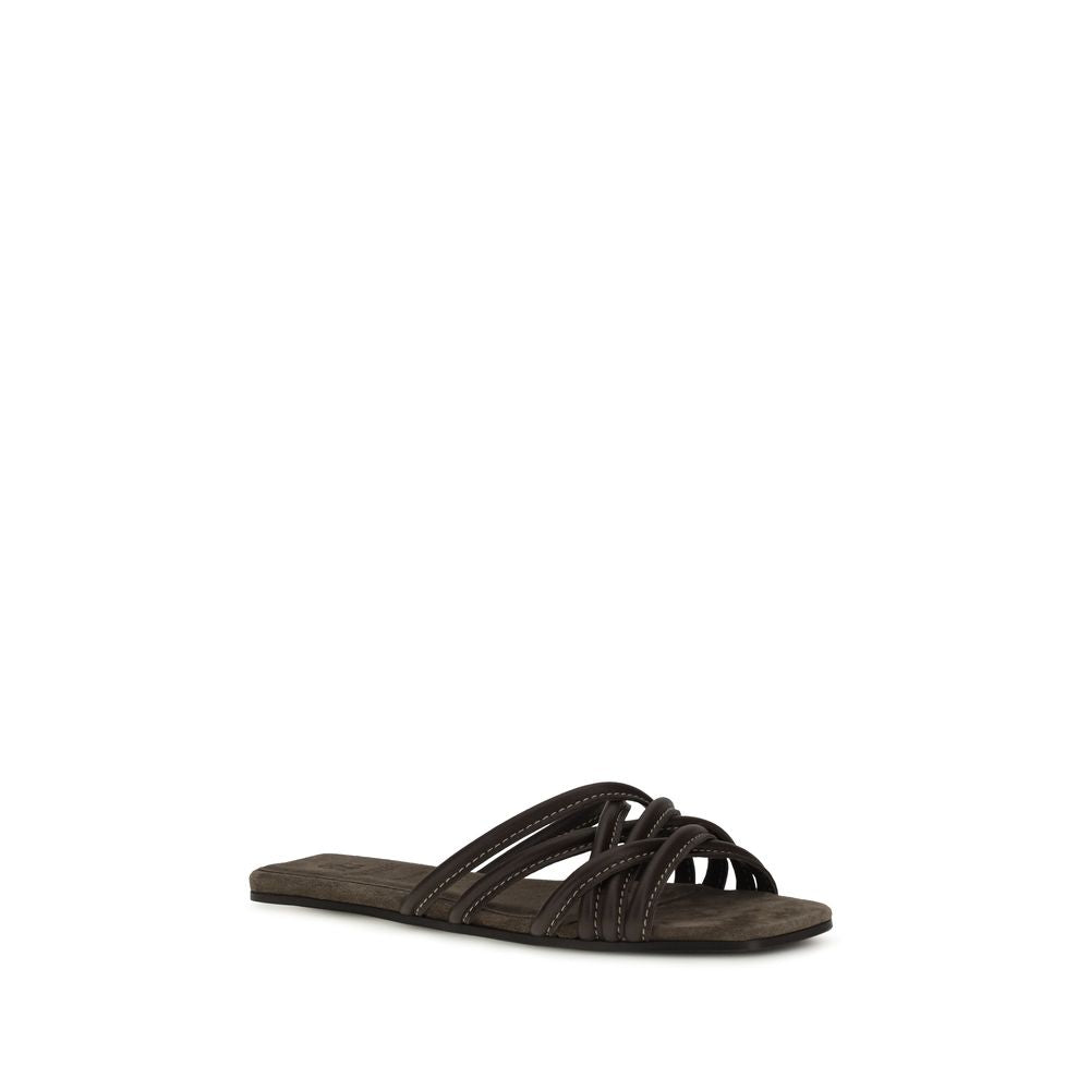 Brunello Cucinelli Brown Calf Leather Bos Taurus Flat Sandals - Luxe Marca