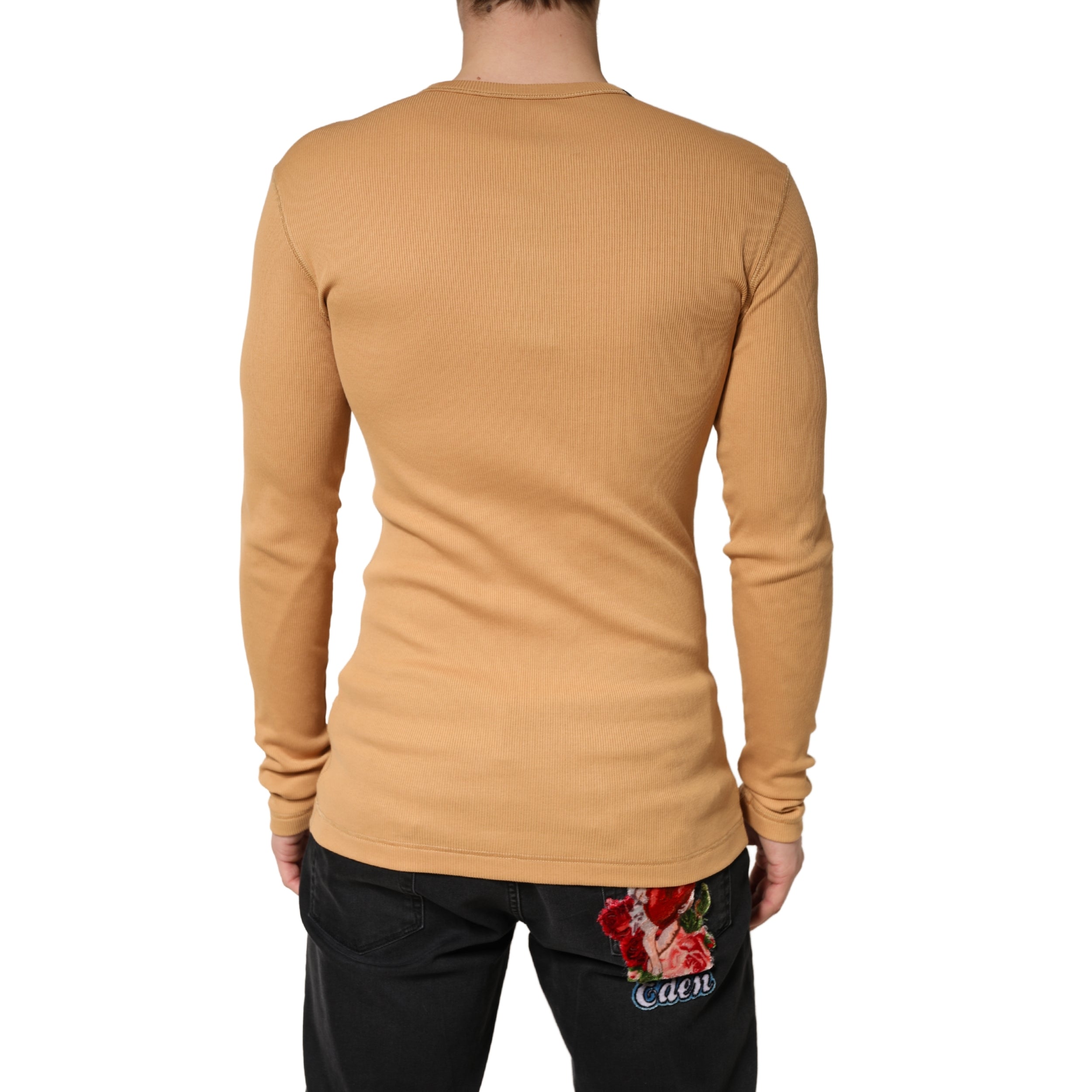 Dolce & Gabbana Camel Ribbed Cotton Long Sleeve Henley Sweater - Luxe Marca