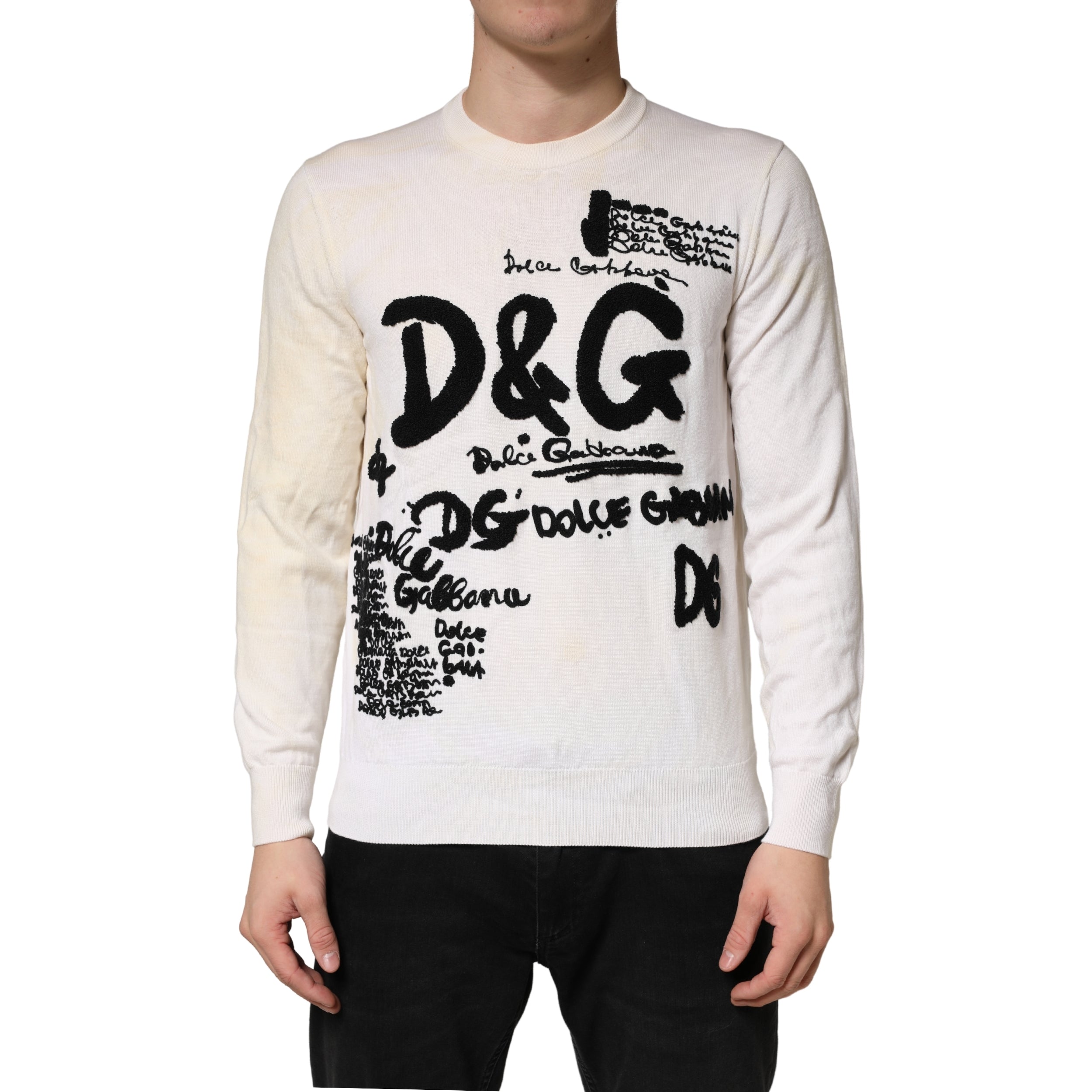 Dolce & Gabbana White Virgin Wool Graphic Logo Crewneck Sweater - Luxe Marca