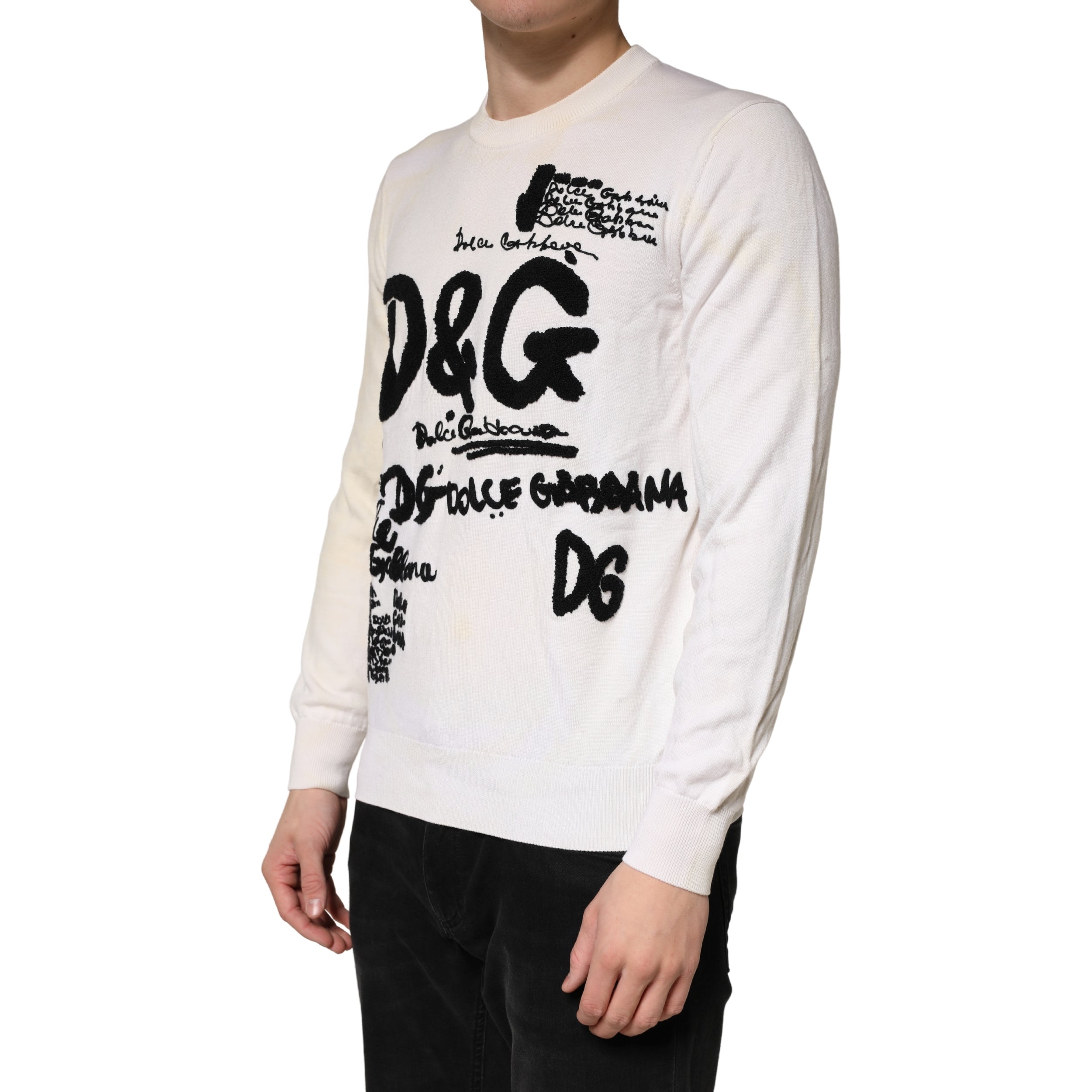 Dolce & Gabbana White Virgin Wool Graphic Logo Crewneck Sweater - Luxe Marca