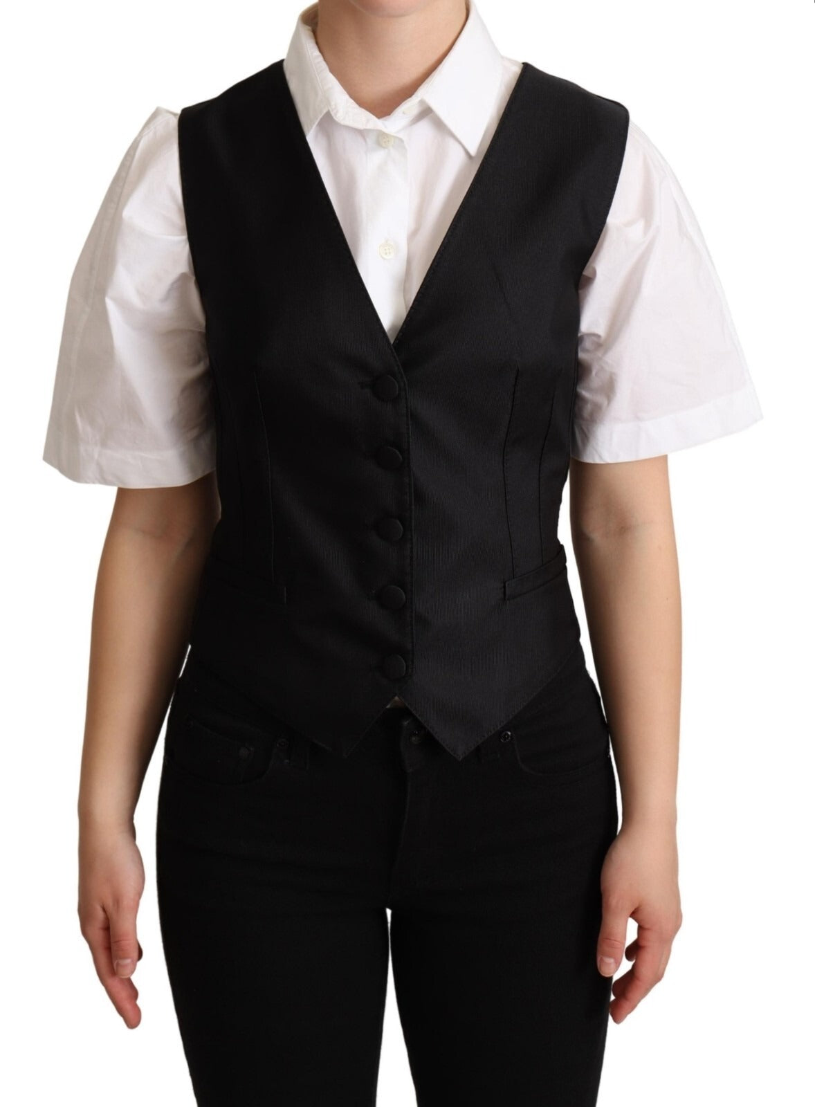 Dolce & Gabbana Solid Black Silk Sleeveless Waistcoat Vest Top - Luxe Marca