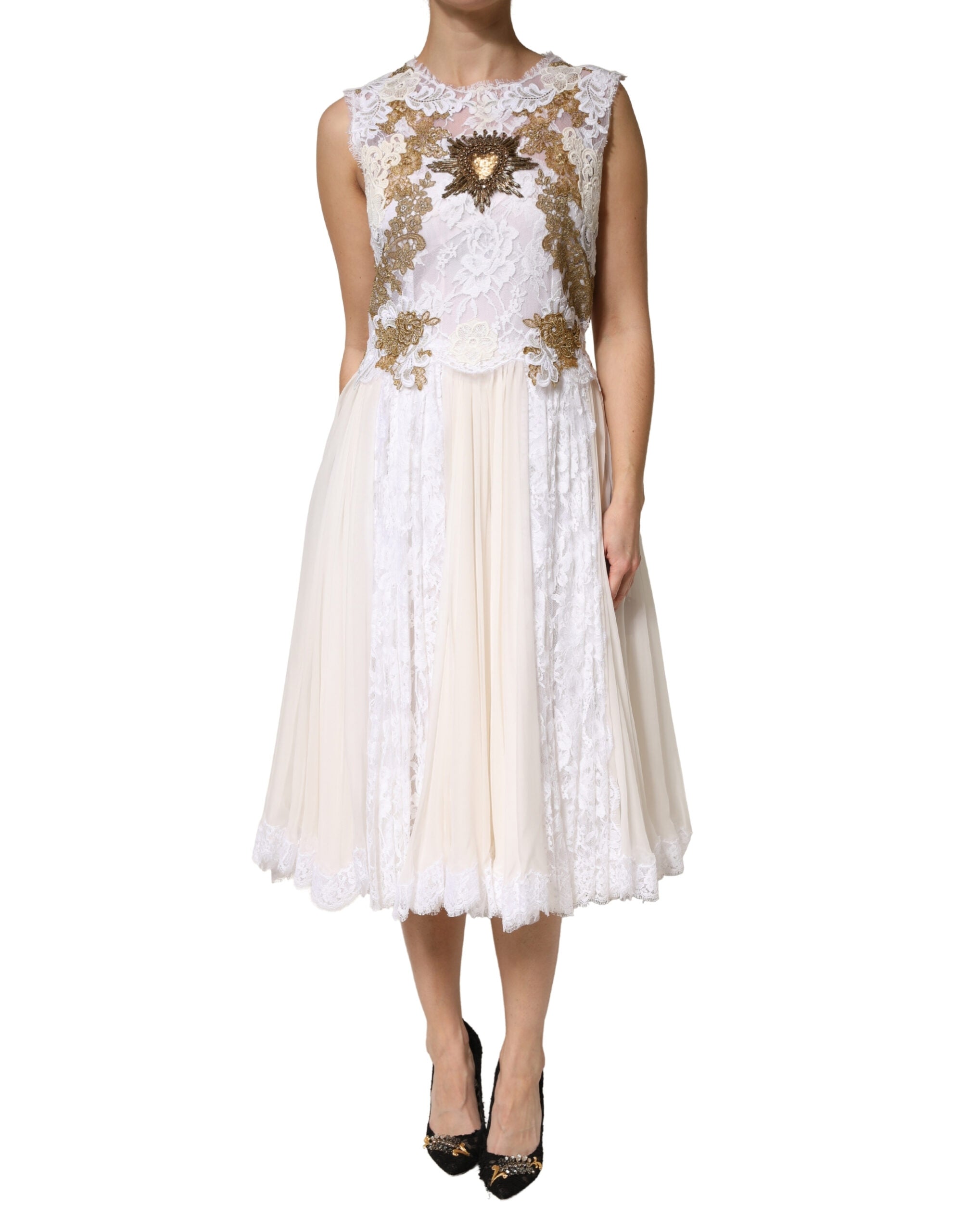 Dolce & Gabbana Ivory Lace Silk Embellished Sleeveless Dress - Luxe Marca