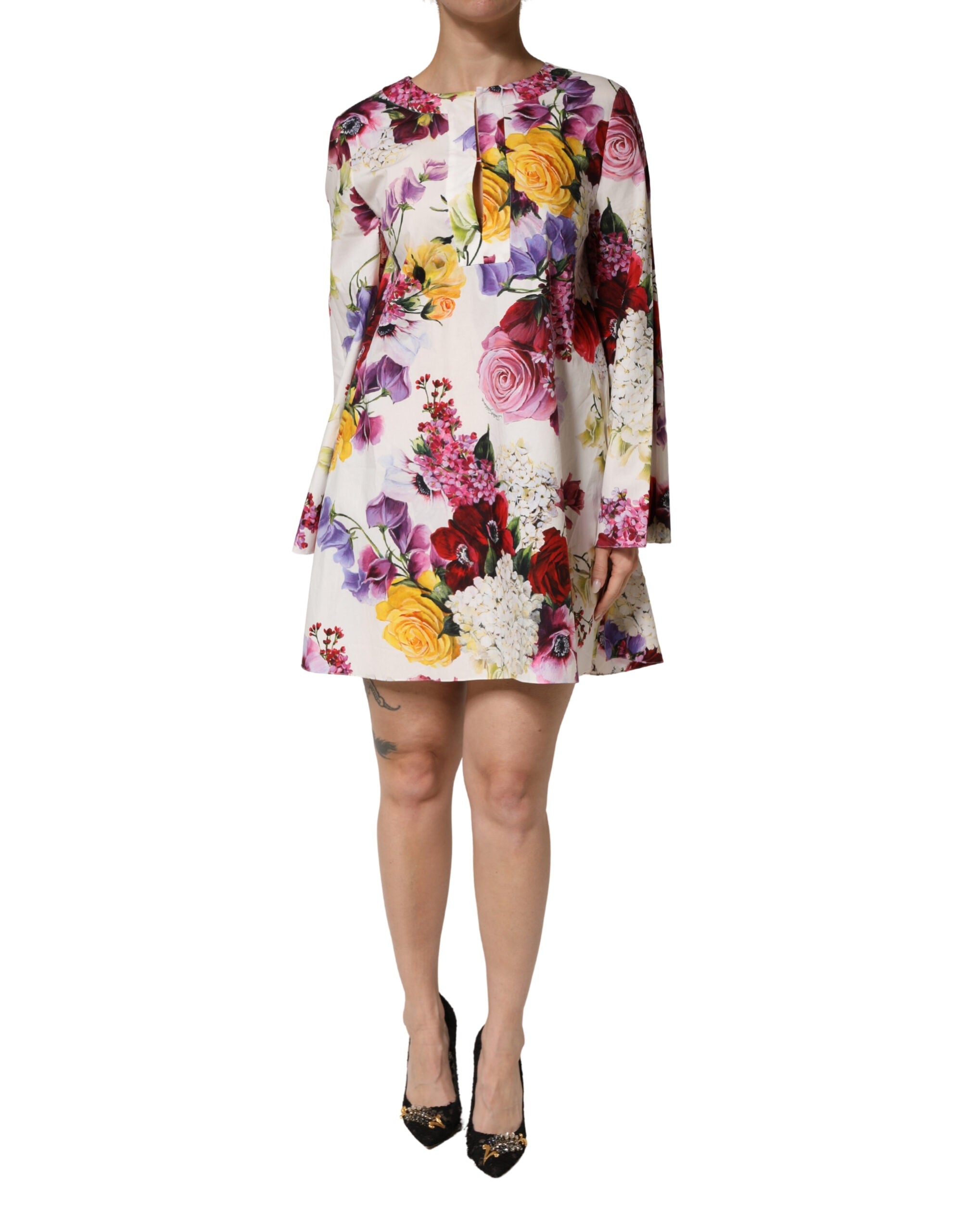 Dolce & Gabbana Multicolor Floral Cotton Longsleeves Midi Dress - Luxe Marca