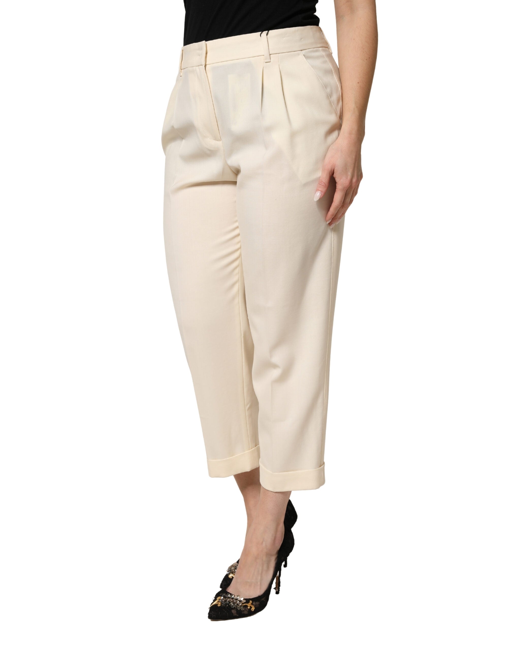 Dolce & Gabbana Ivory Wool Mid Waist Cropped Trouser Pants - Luxe Marca