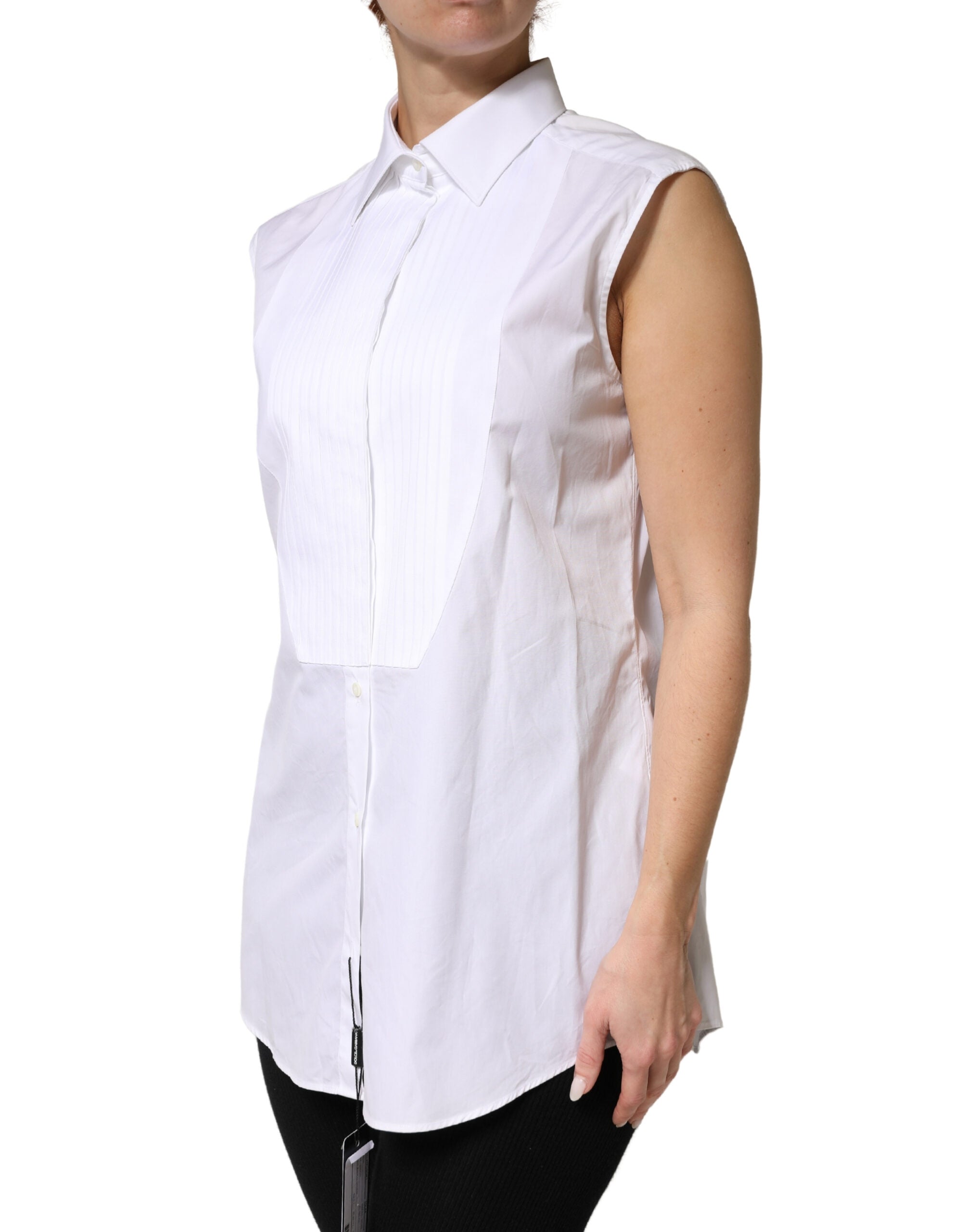 Dolce & Gabbana White Cotton Pleated Sleeveless Button Down Top - Luxe Marca