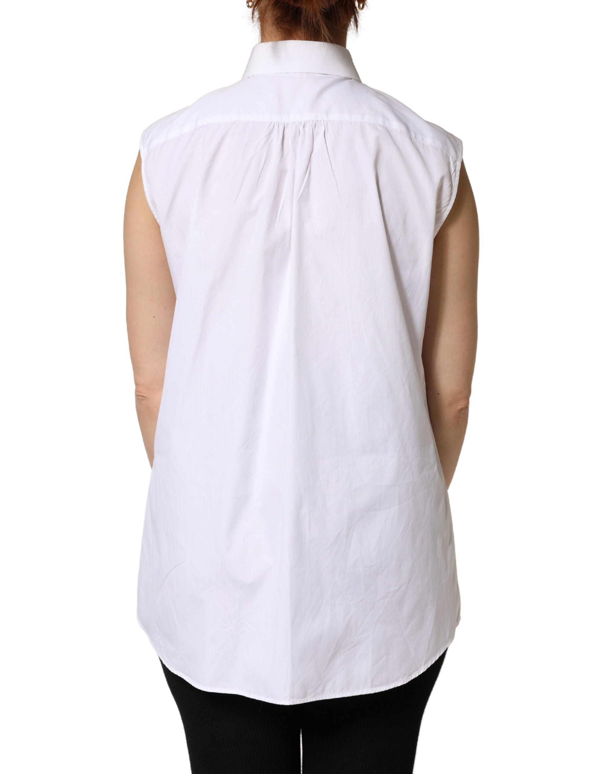 Dolce & Gabbana White Cotton Pleated Sleeveless Button Down Top - Luxe Marca