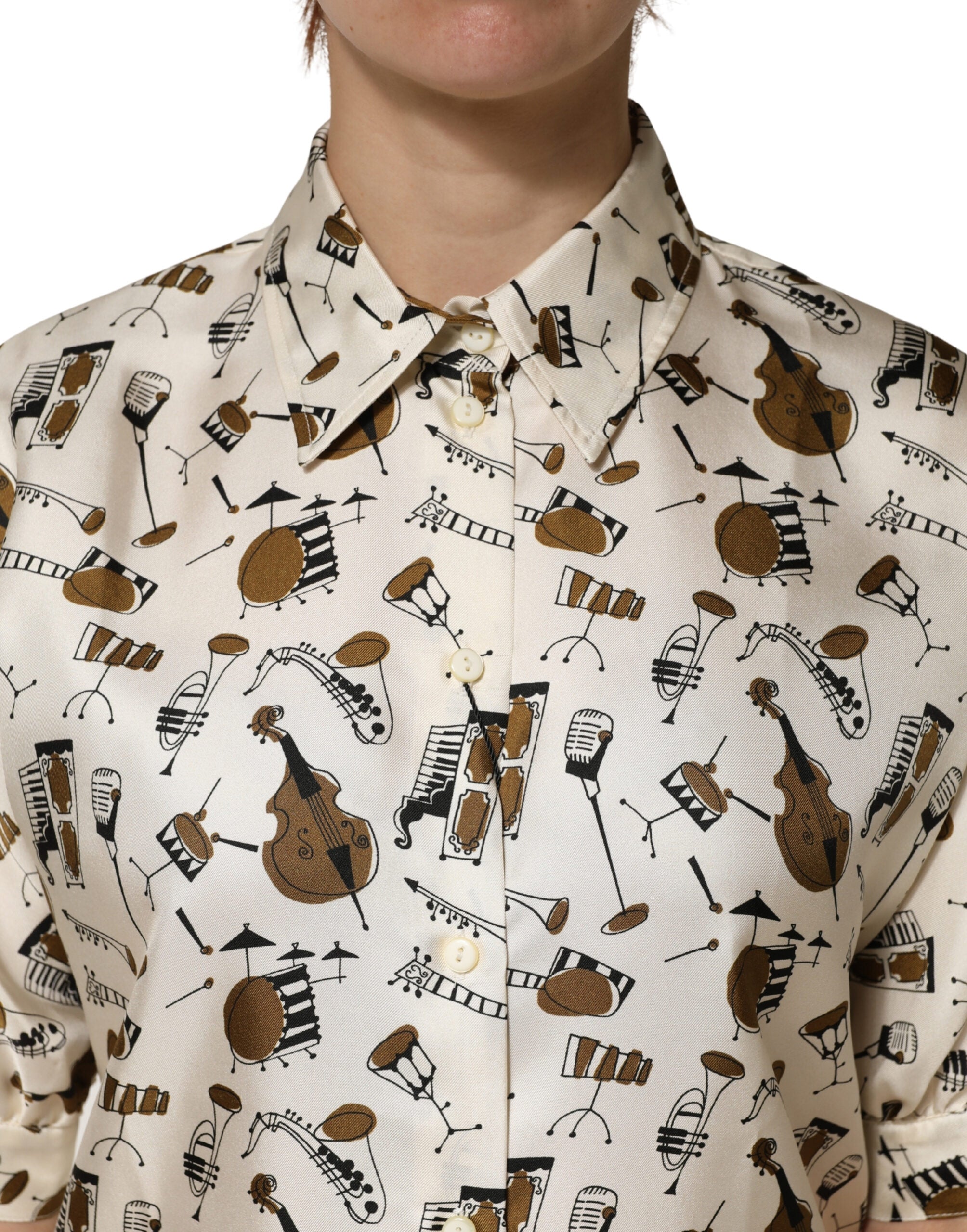 Dolce & Gabbana Beige Musical Instrument Print Short Sleeve Top - Luxe Marca