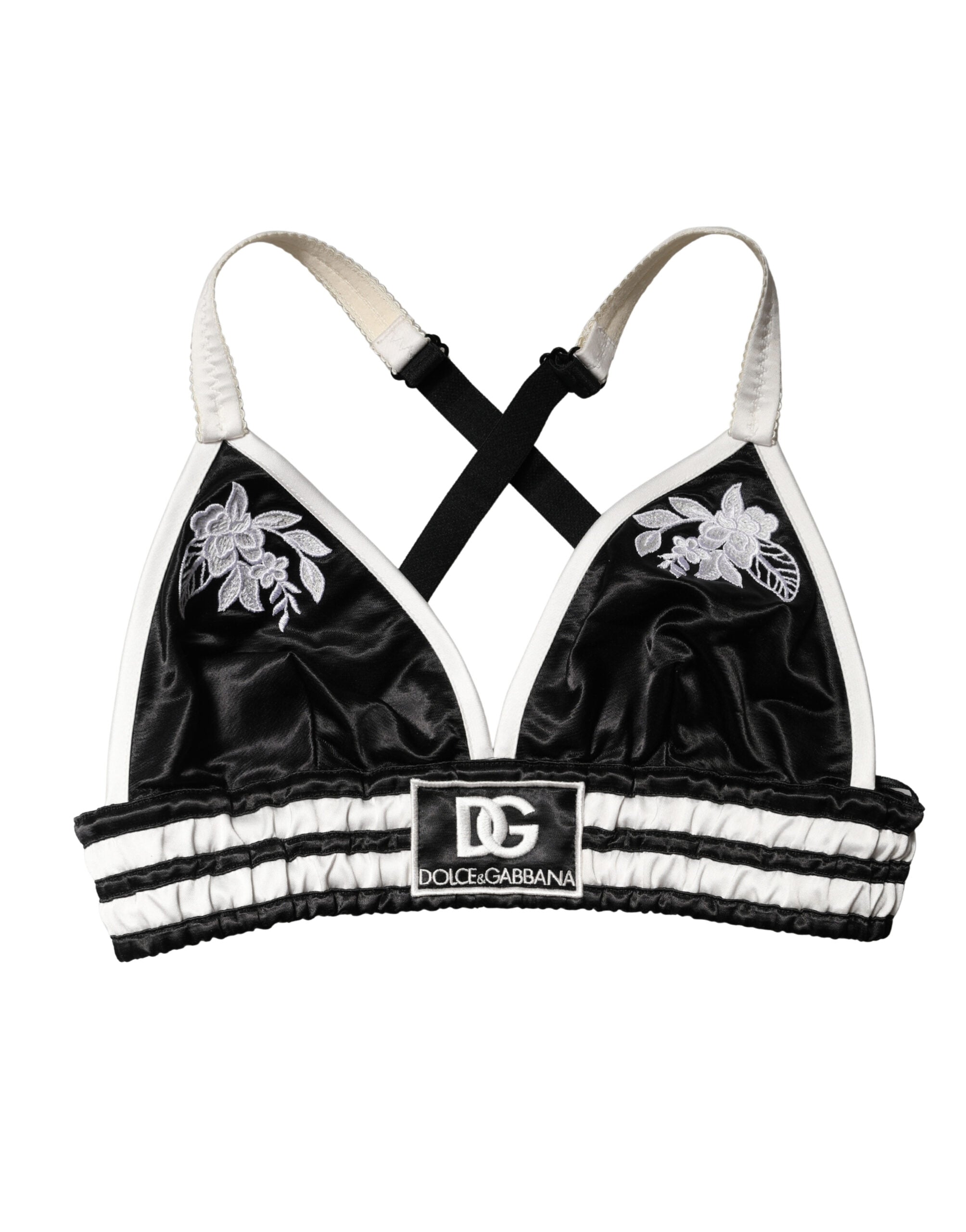 Dolce & Gabbana Black Floral Silk Satin Crop Logo Bralette Top - Luxe Marca