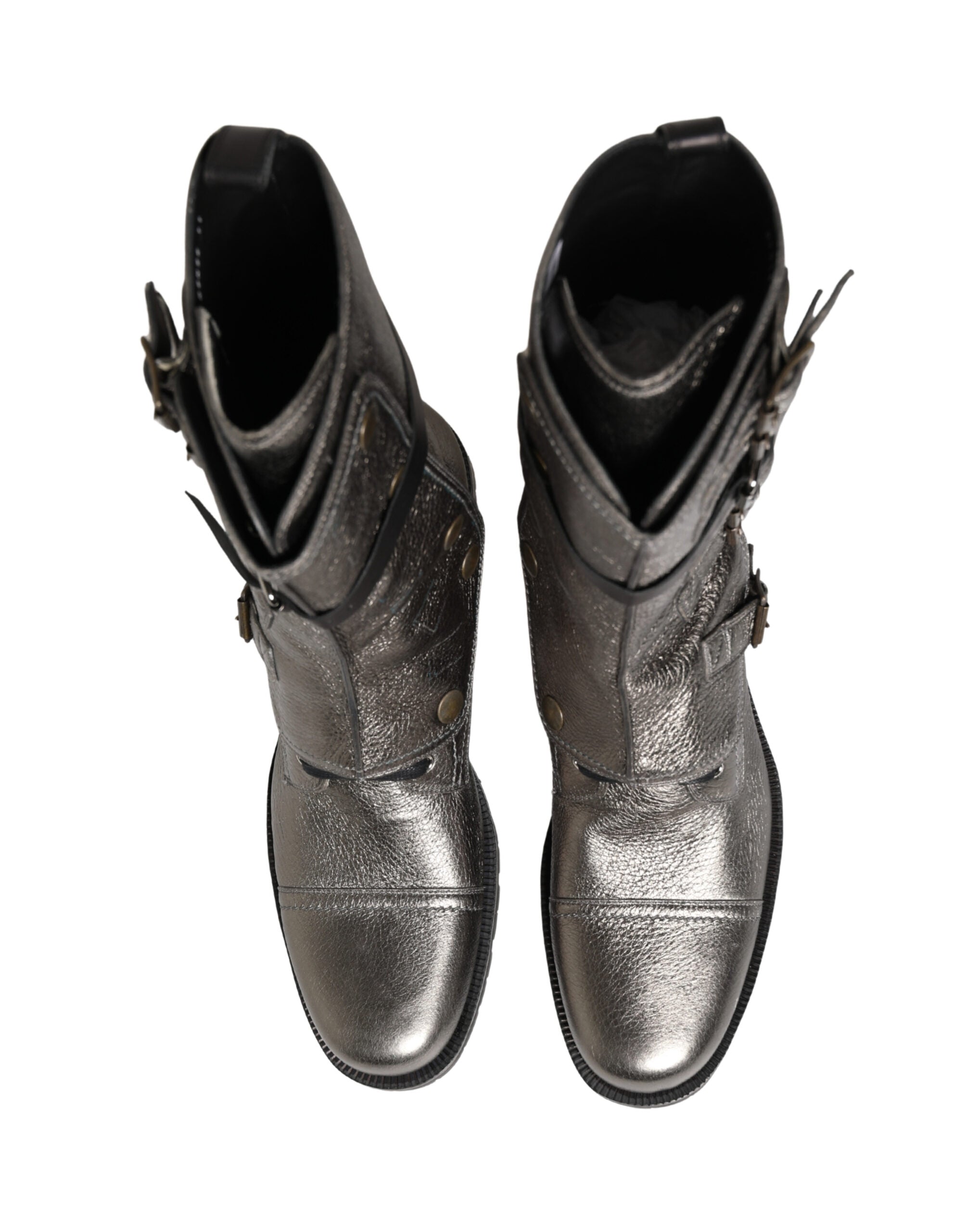 Dolce & Gabbana Metallic Leather Buckle Combat Boots Shoes - Luxe Marca