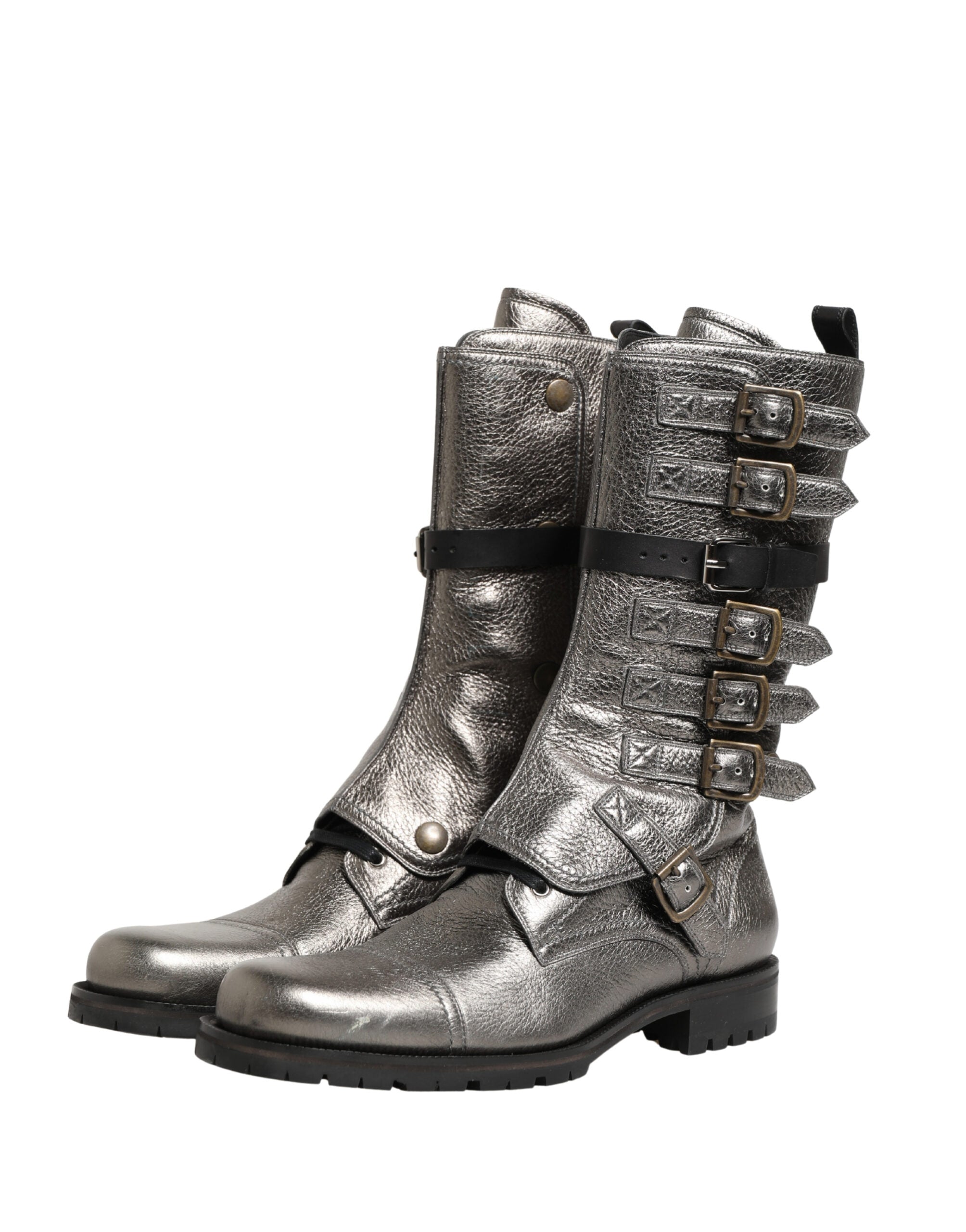 Dolce & Gabbana Metallic Leather Buckle Combat Boots Shoes - Luxe Marca