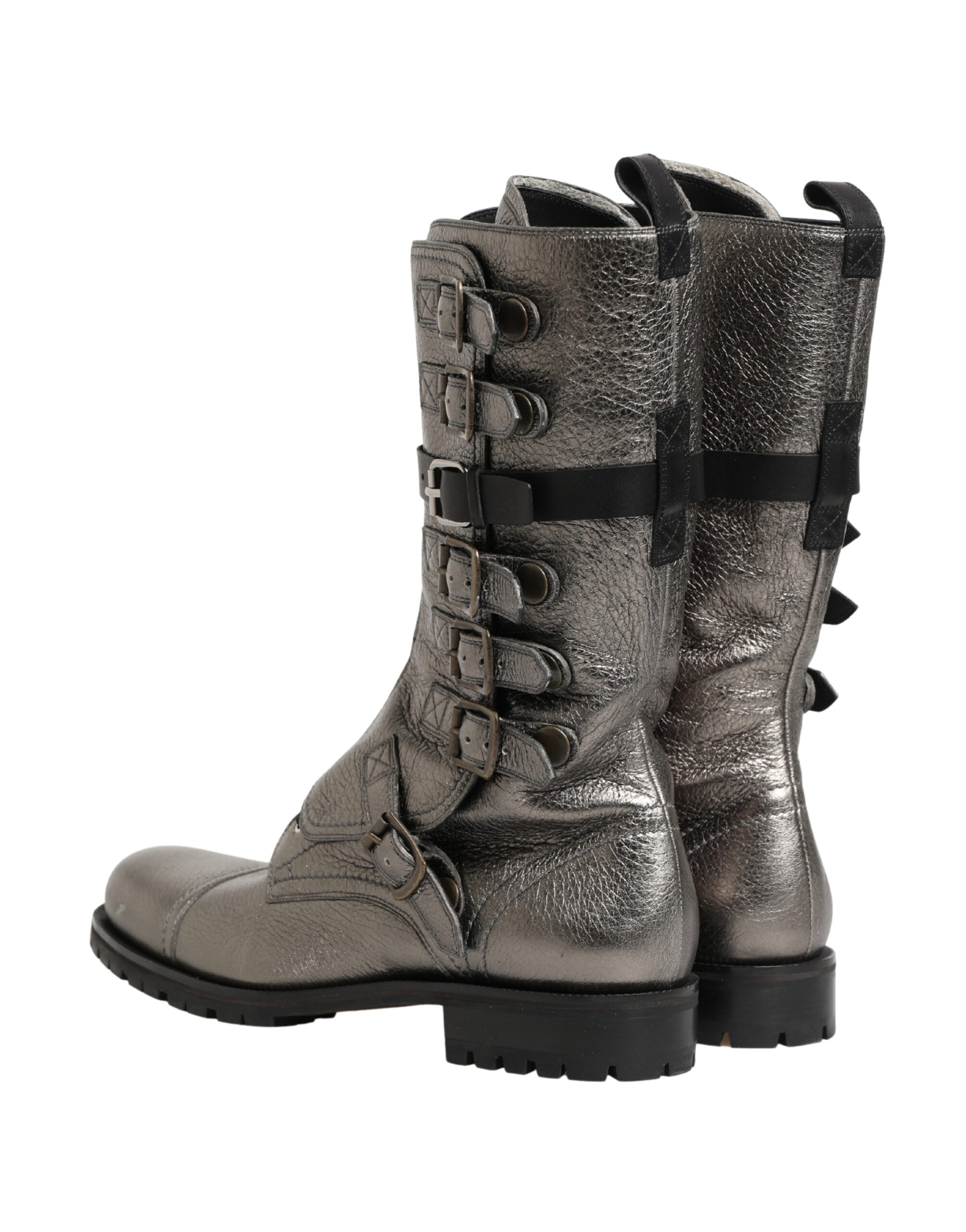 Dolce & Gabbana Metallic Leather Buckle Combat Boots Shoes - Luxe Marca