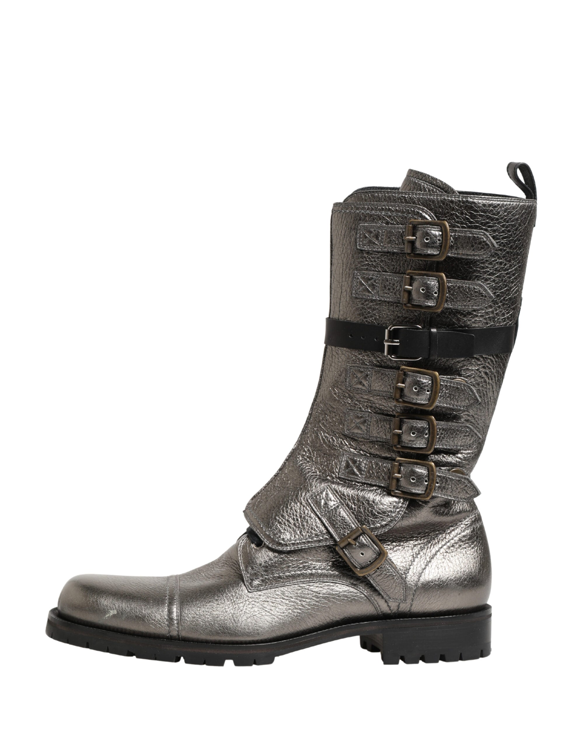 Dolce & Gabbana Metallic Leather Buckle Combat Boots Shoes - Luxe Marca