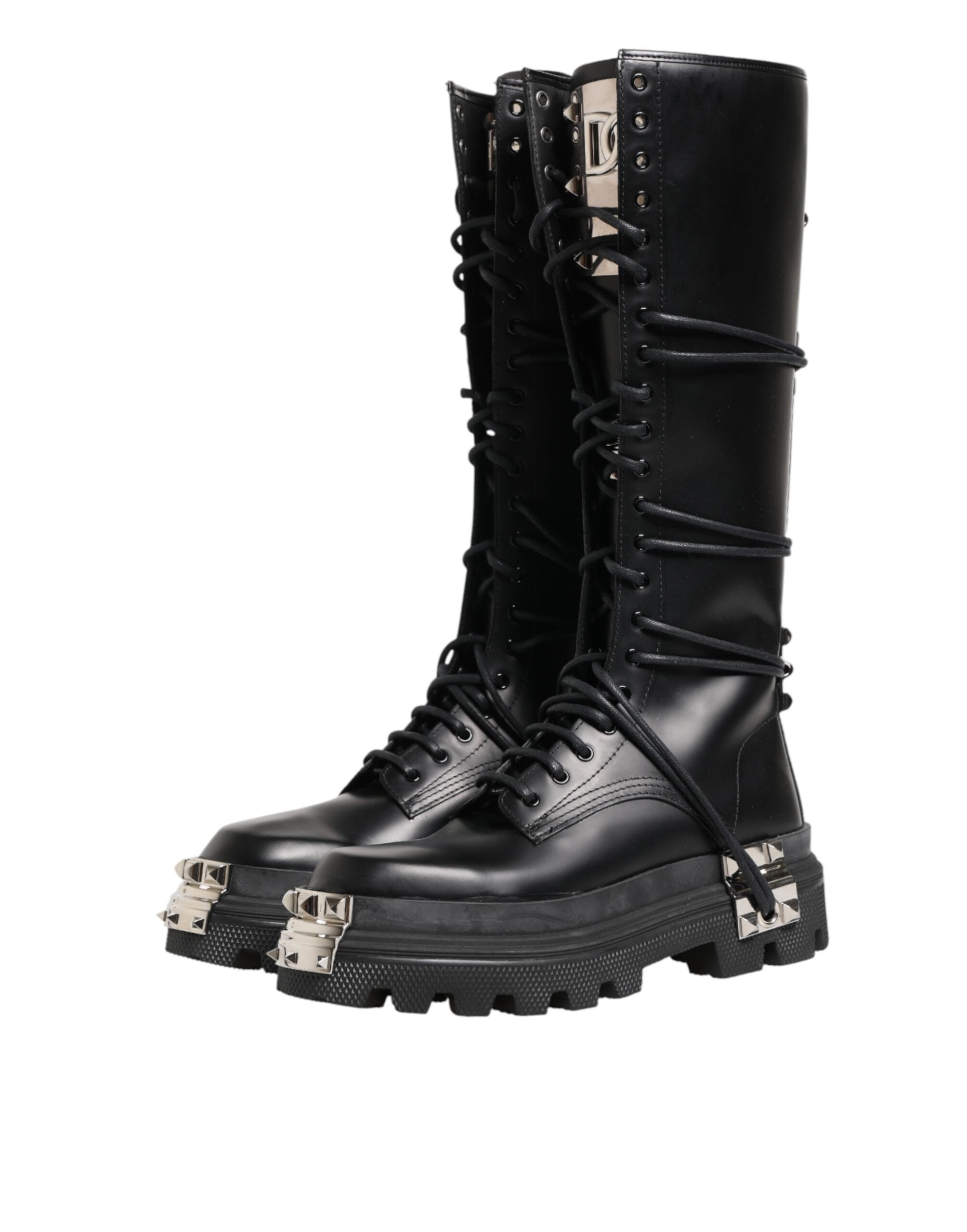 Dolce & Gabbana Black Leather Knee High Combat Boots Shoes - Luxe Marca