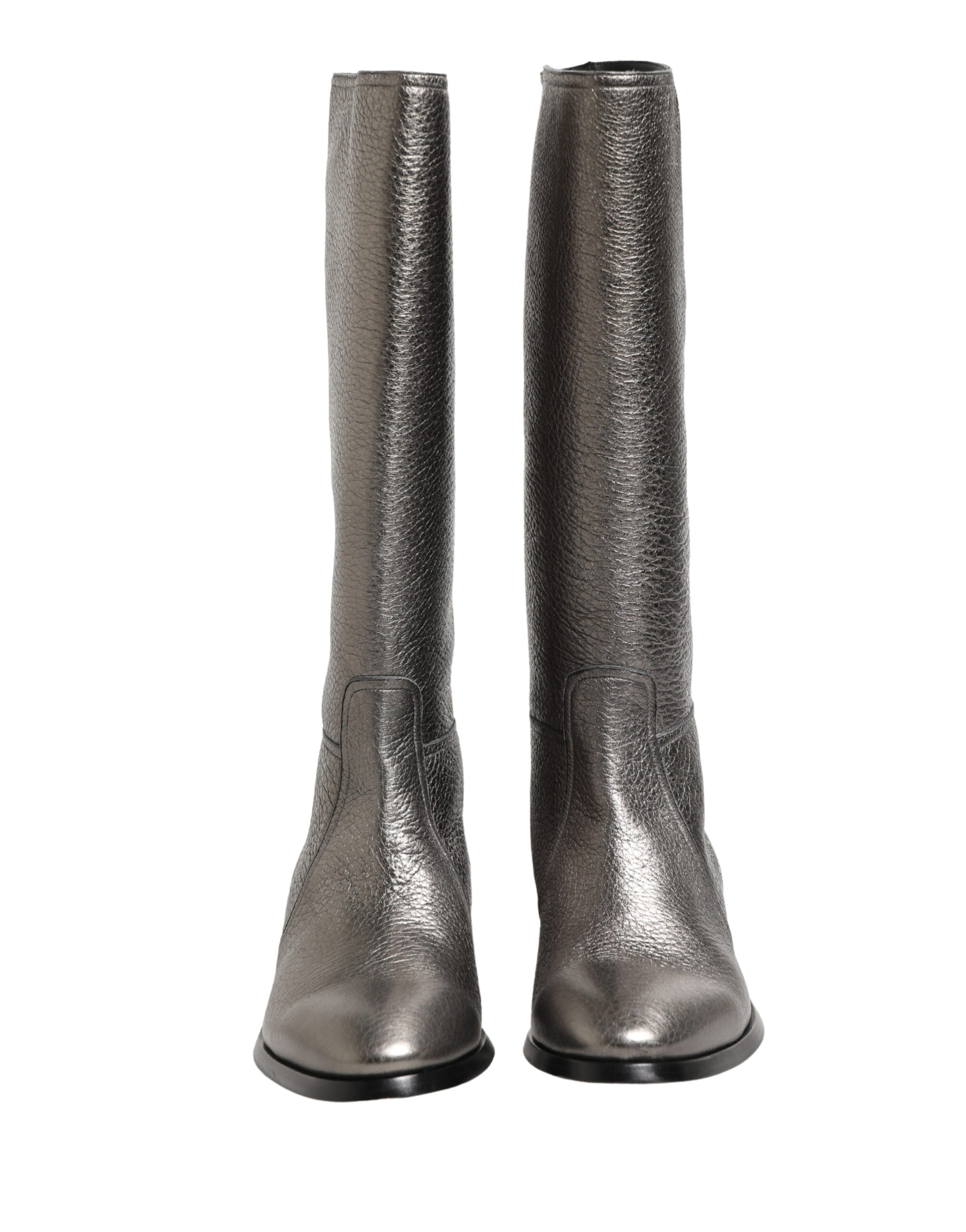 Dolce & Gabbana Metallic Silver Leather Knee High Boots Shoes - Luxe Marca