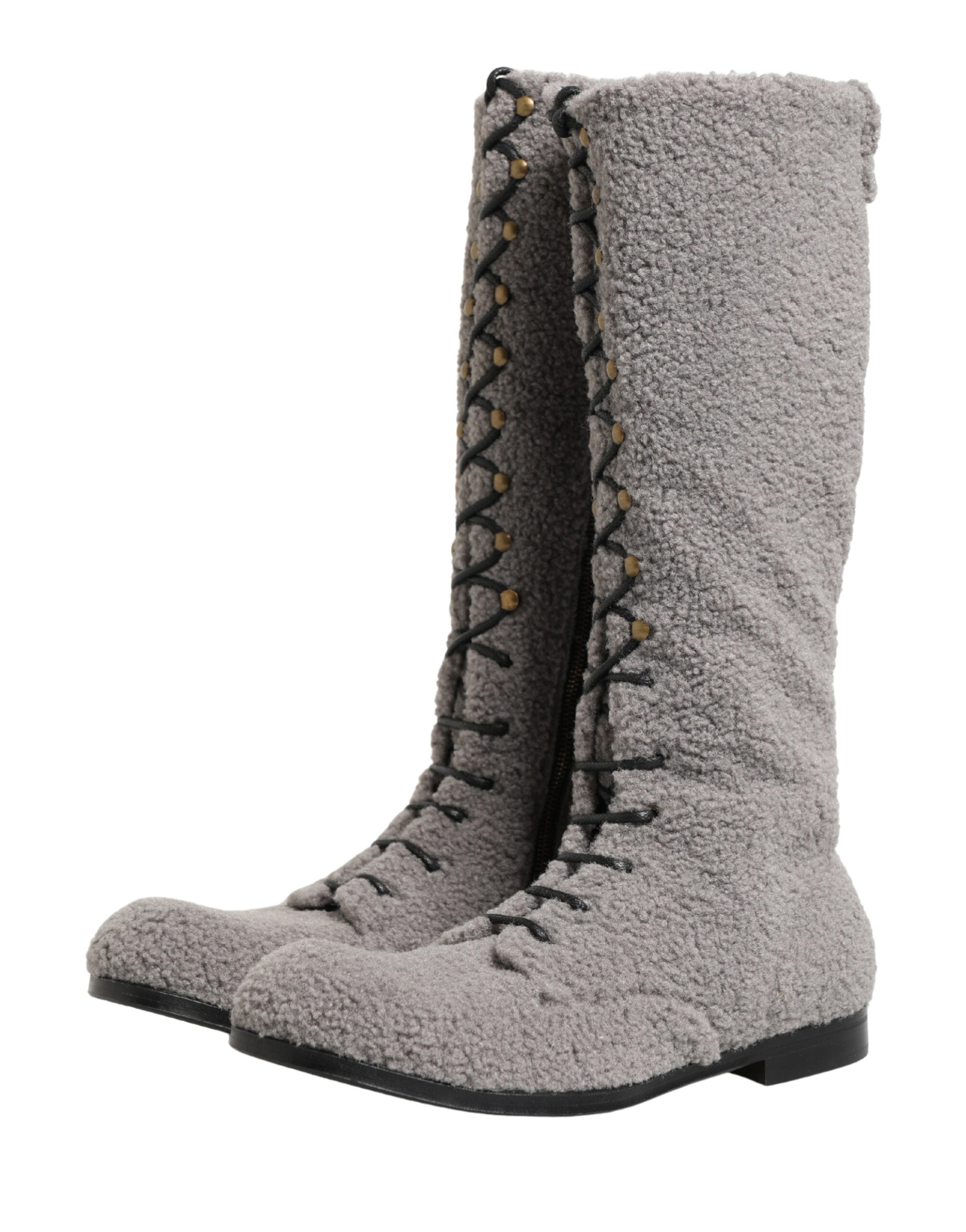 Dolce & Gabbana Gray Shearling Lace Up Knee High Boots Shoes - Luxe Marca