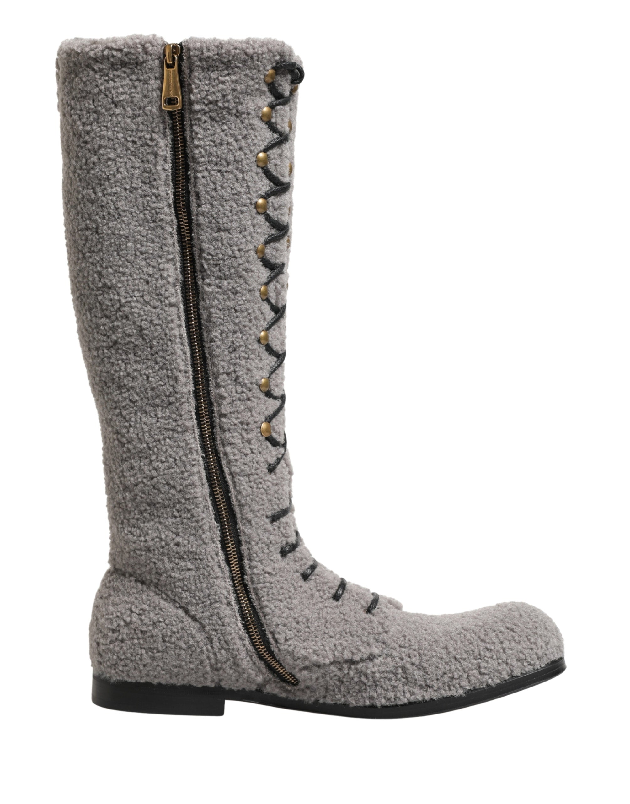 Dolce & Gabbana Gray Shearling Lace Up Knee High Boots Shoes - Luxe Marca